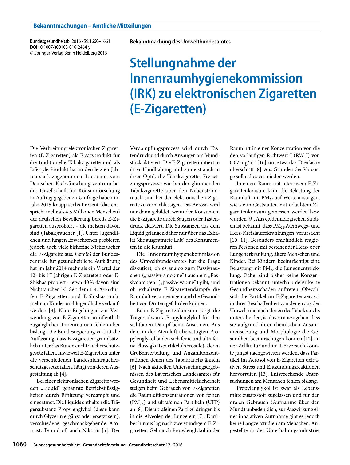 Vorschauseite 1: Stellungnahme der Innenraumhygienekommission (IRK) zu elektronischen Zigaretten (E-Zigaretten)