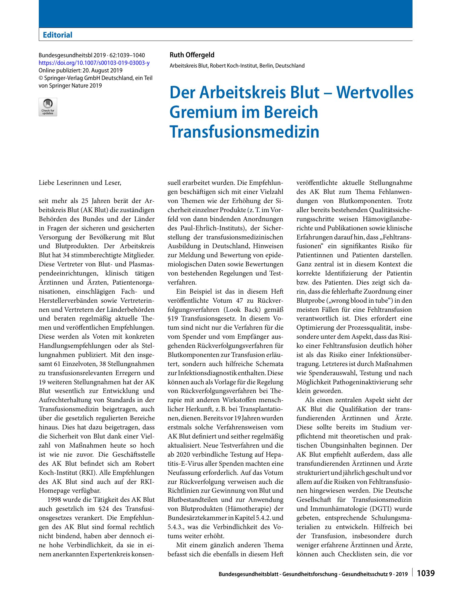 Vorschauseite 1: Der Arbeitskreis Blut – Wertvolles Gremium im Bereich Transfusionsmedizin