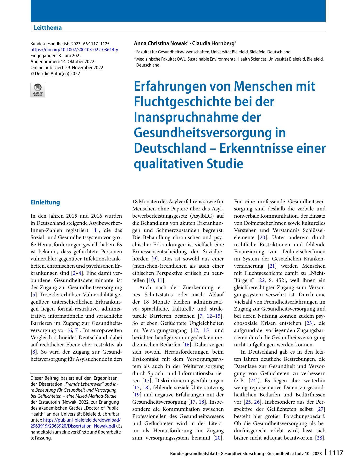 Vorschauseite 1: Erfahrungen von Menschen mit Fluchtgeschichte bei der Inanspruchnahme der Gesundheitsversorgung in Deutschland – Erkenntnisse einer qualitativen Studie
