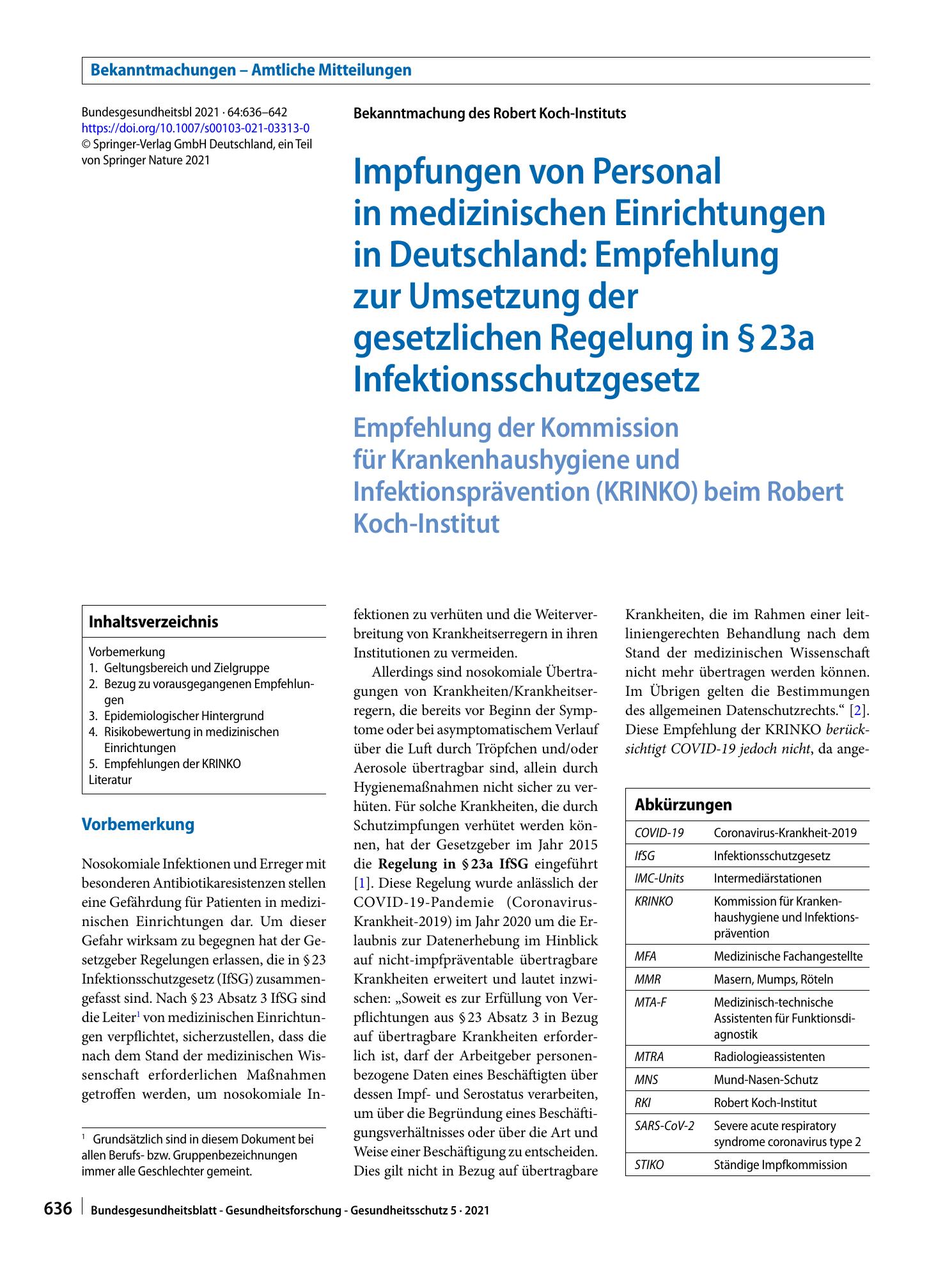 Vorschauseite 1: Impfungen von Personal in medizinischen Einrichtungen in Deutschland: Empfehlung zur Umsetzung der gesetzlichen Regelung in § 23a Infektionsschutzgesetz