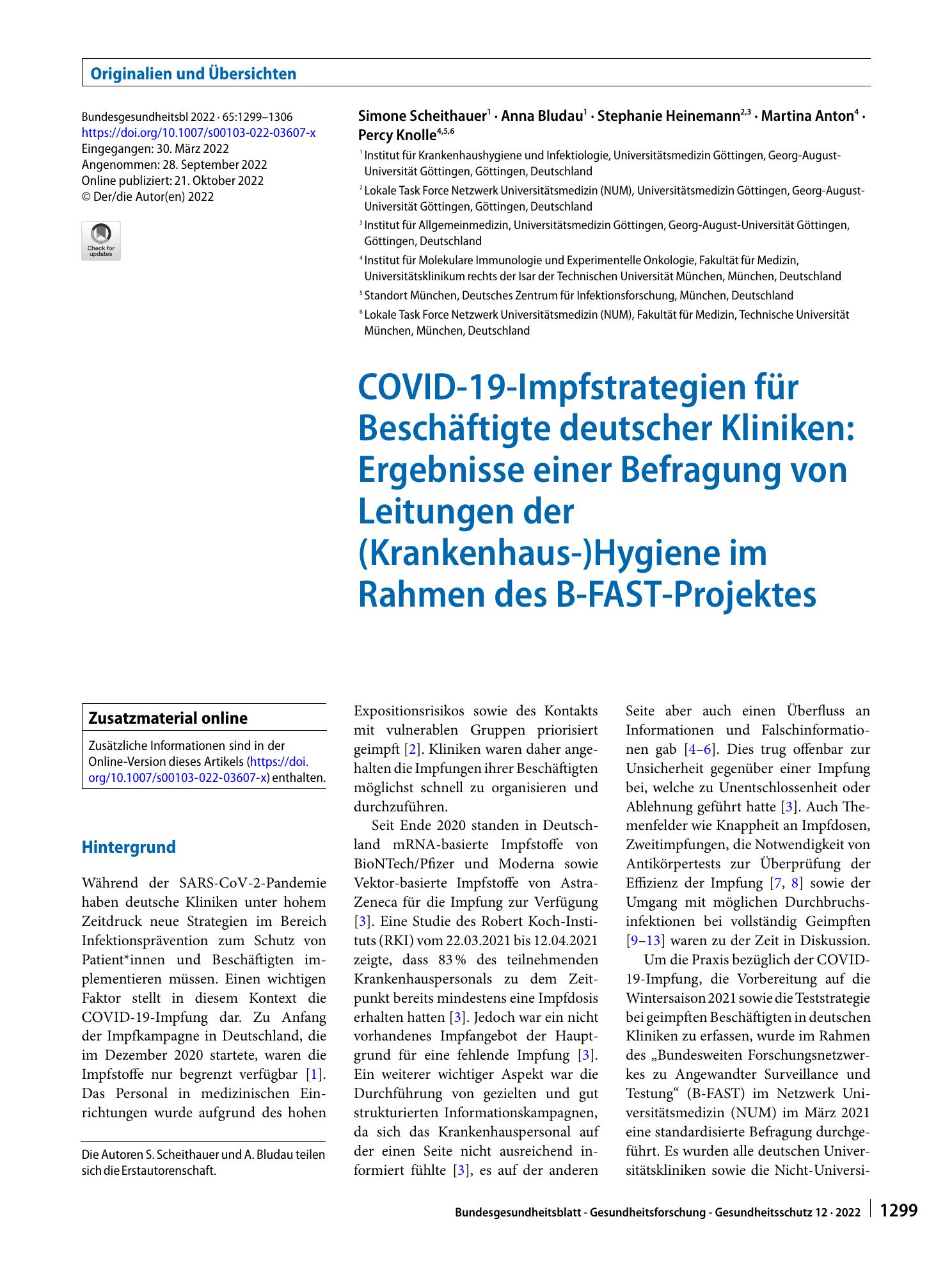 Vorschauseite 1: COVID-19-Impfstrategien für Beschäftigte deutscher Kliniken: Ergebnisse einer Befragung von Leitungen der (Krankenhaus‑)Hygiene im Rahmen des B-FAST-Projektes