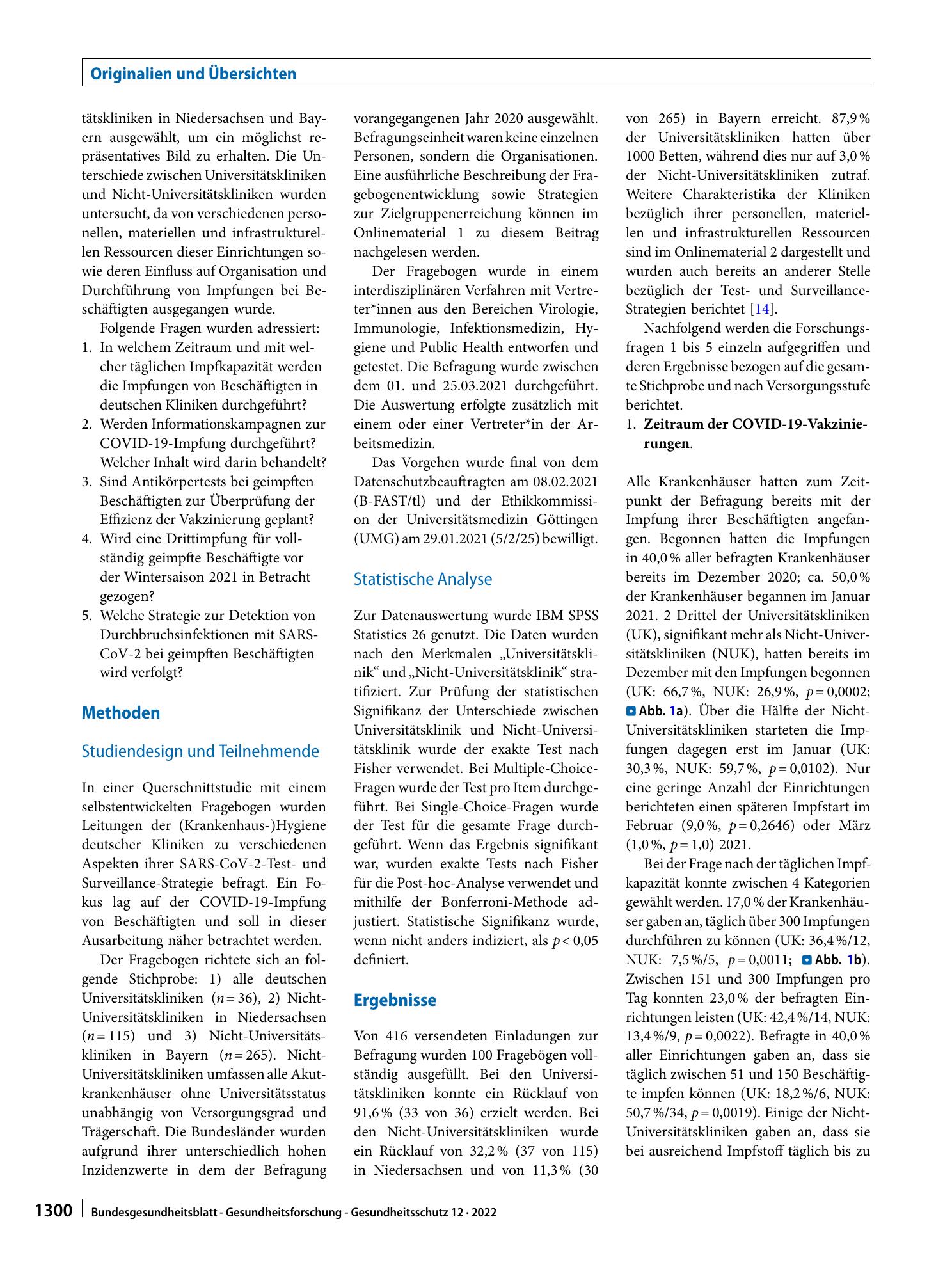 Vorschauseite 2: COVID-19-Impfstrategien für Beschäftigte deutscher Kliniken: Ergebnisse einer Befragung von Leitungen der (Krankenhaus‑)Hygiene im Rahmen des B-FAST-Projektes
