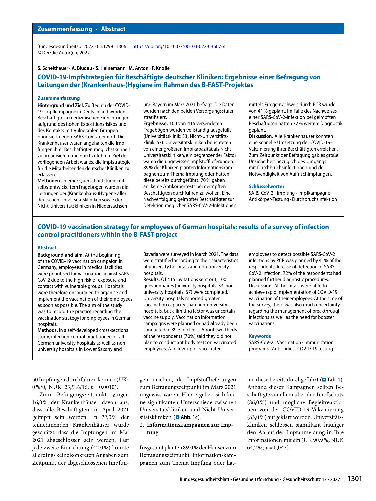 Vorschauseite 3: COVID-19-Impfstrategien für Beschäftigte deutscher Kliniken: Ergebnisse einer Befragung von Leitungen der (Krankenhaus‑)Hygiene im Rahmen des B-FAST-Projektes