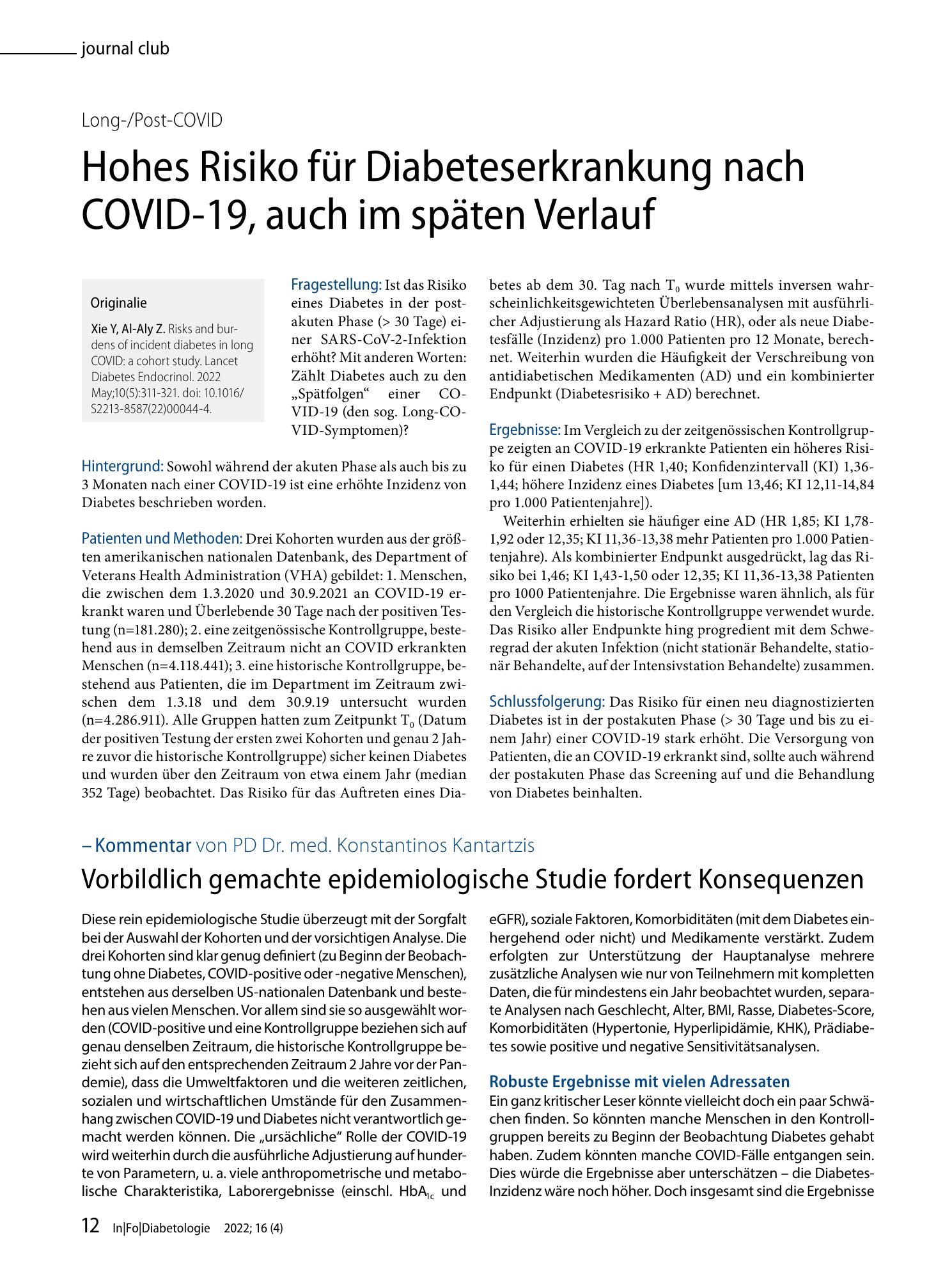Vorschauseite 1: Hohes Risiko für Diabeteserkrankung nach COVID-19, auch im späten Verlauf
