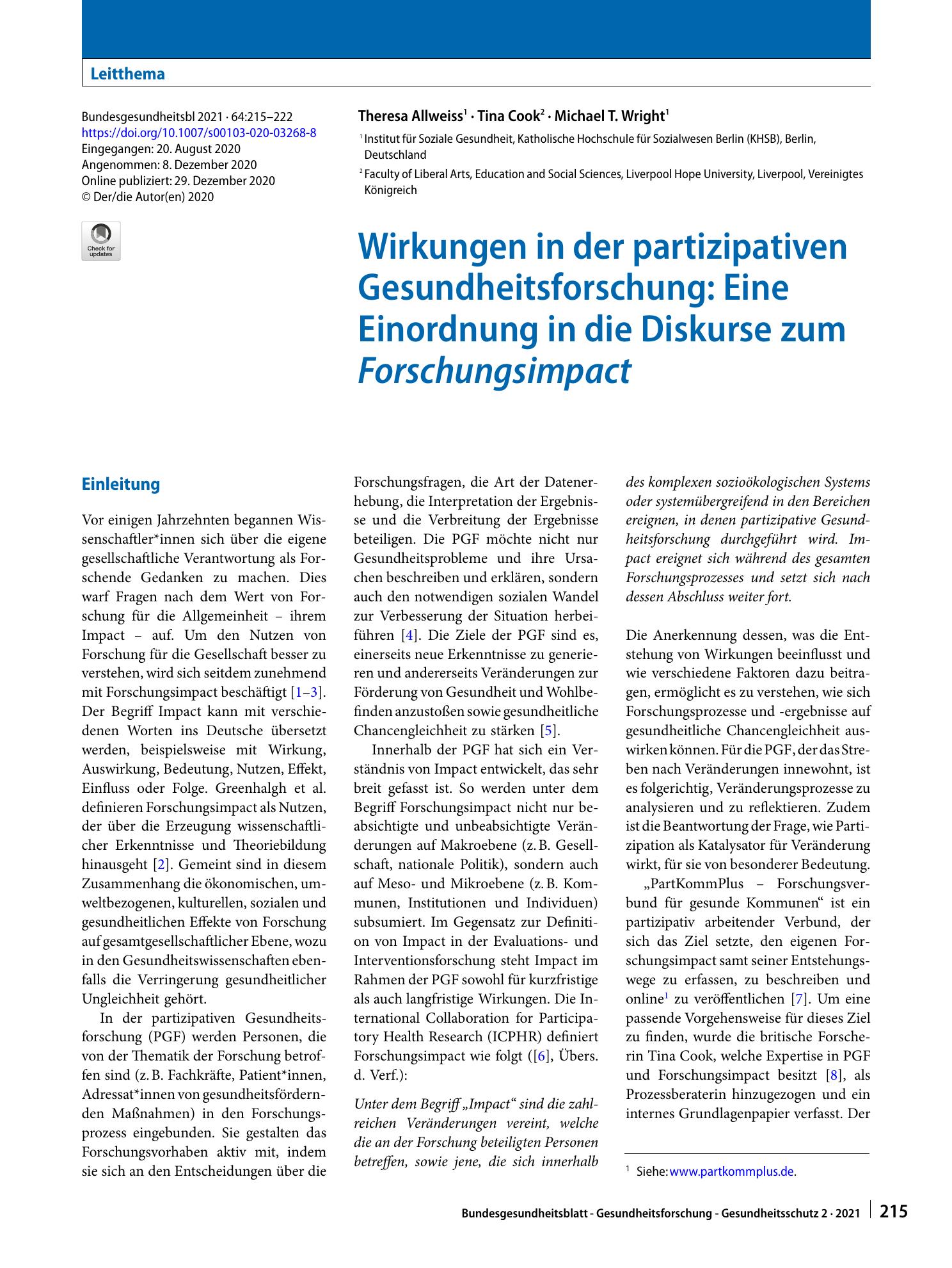 Vorschauseite 1: Wirkungen in der partizipativen Gesundheitsforschung: Eine Einordnung in die Diskurse zum Forschungsimpact