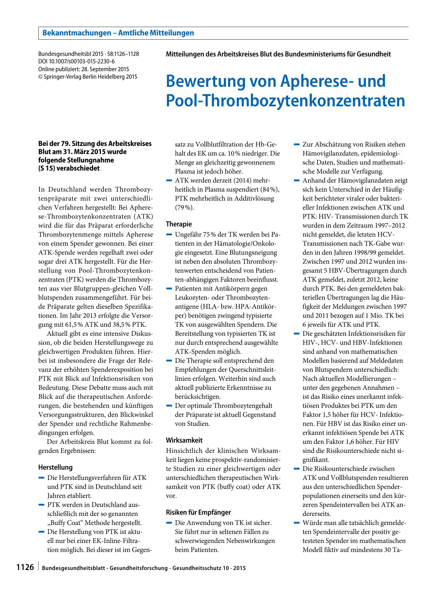 Vorschauseite 1: Bewertung von Apherese- und Pool-Thrombozytenkonzentraten