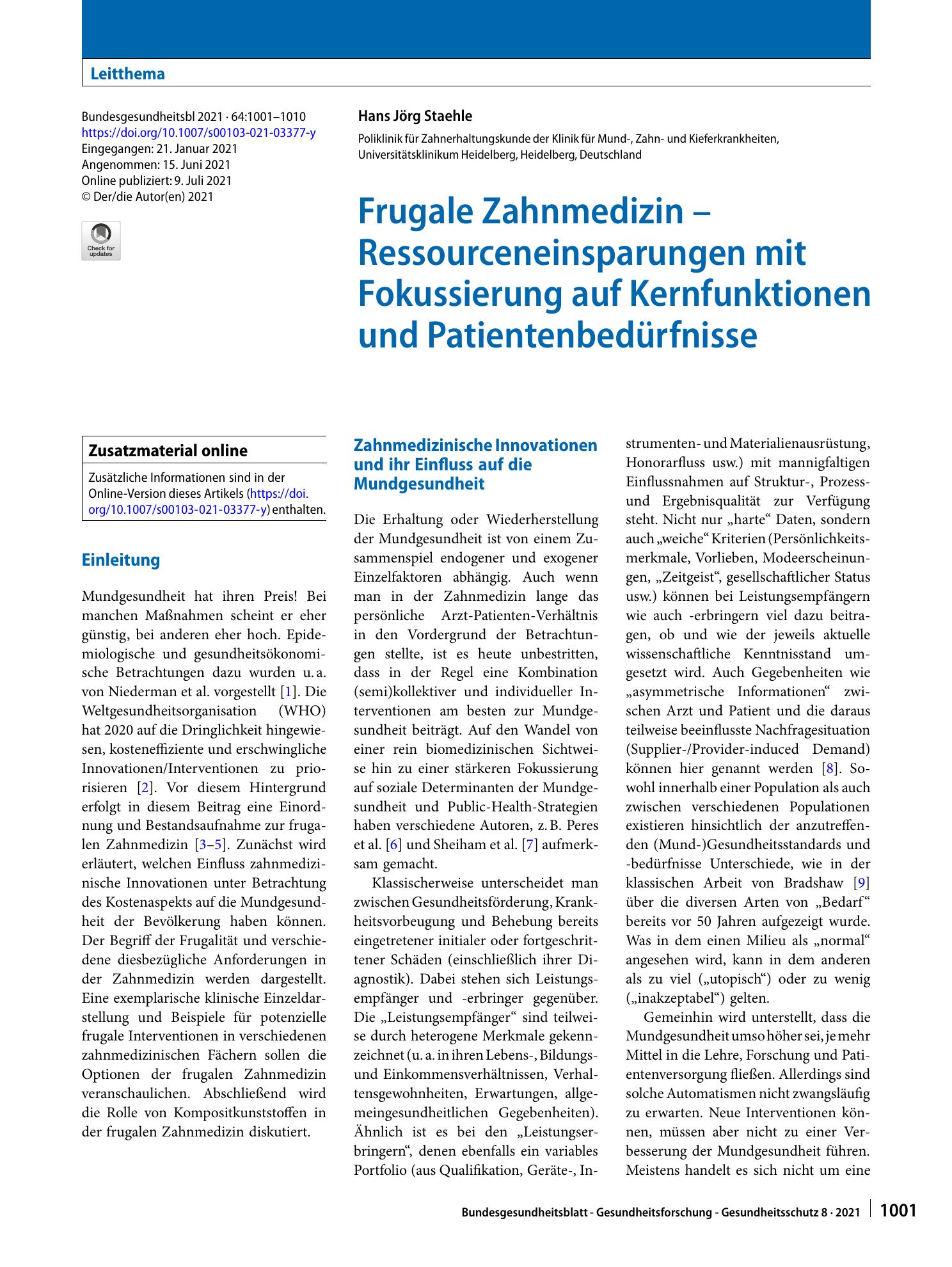 Vorschauseite 1: Frugale Zahnmedizin – Ressourceneinsparungen mit Fokussierung auf Kernfunktionen und Patientenbedürfnisse
