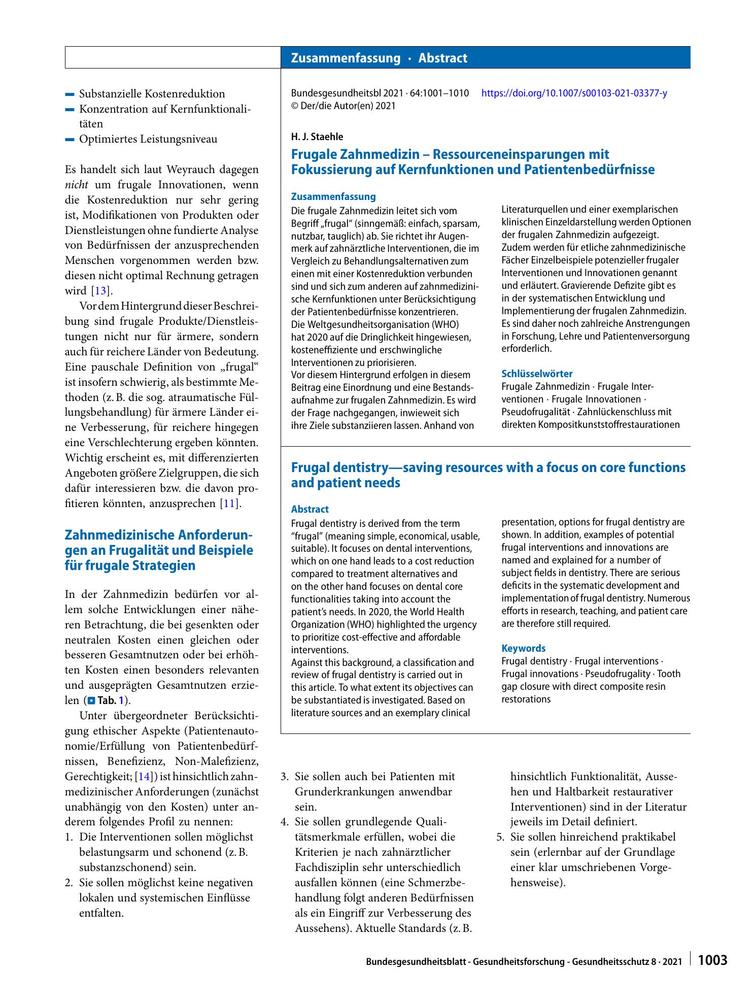 Vorschauseite 3: Frugale Zahnmedizin – Ressourceneinsparungen mit Fokussierung auf Kernfunktionen und Patientenbedürfnisse