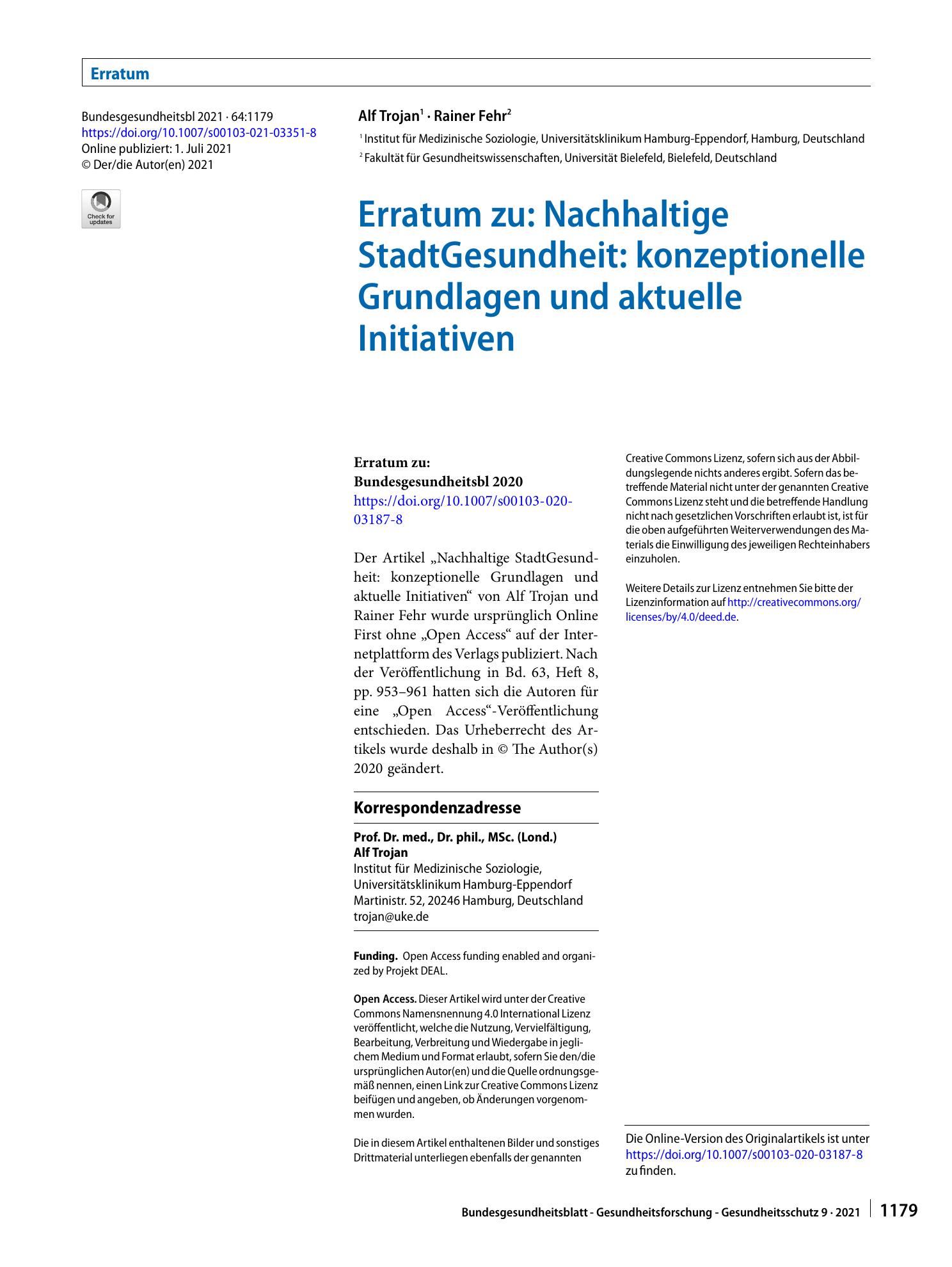 Vorschauseite 1: Erratum zu: Nachhaltige StadtGesundheit: konzeptionelle Grundlagen und aktuelle Initiativen