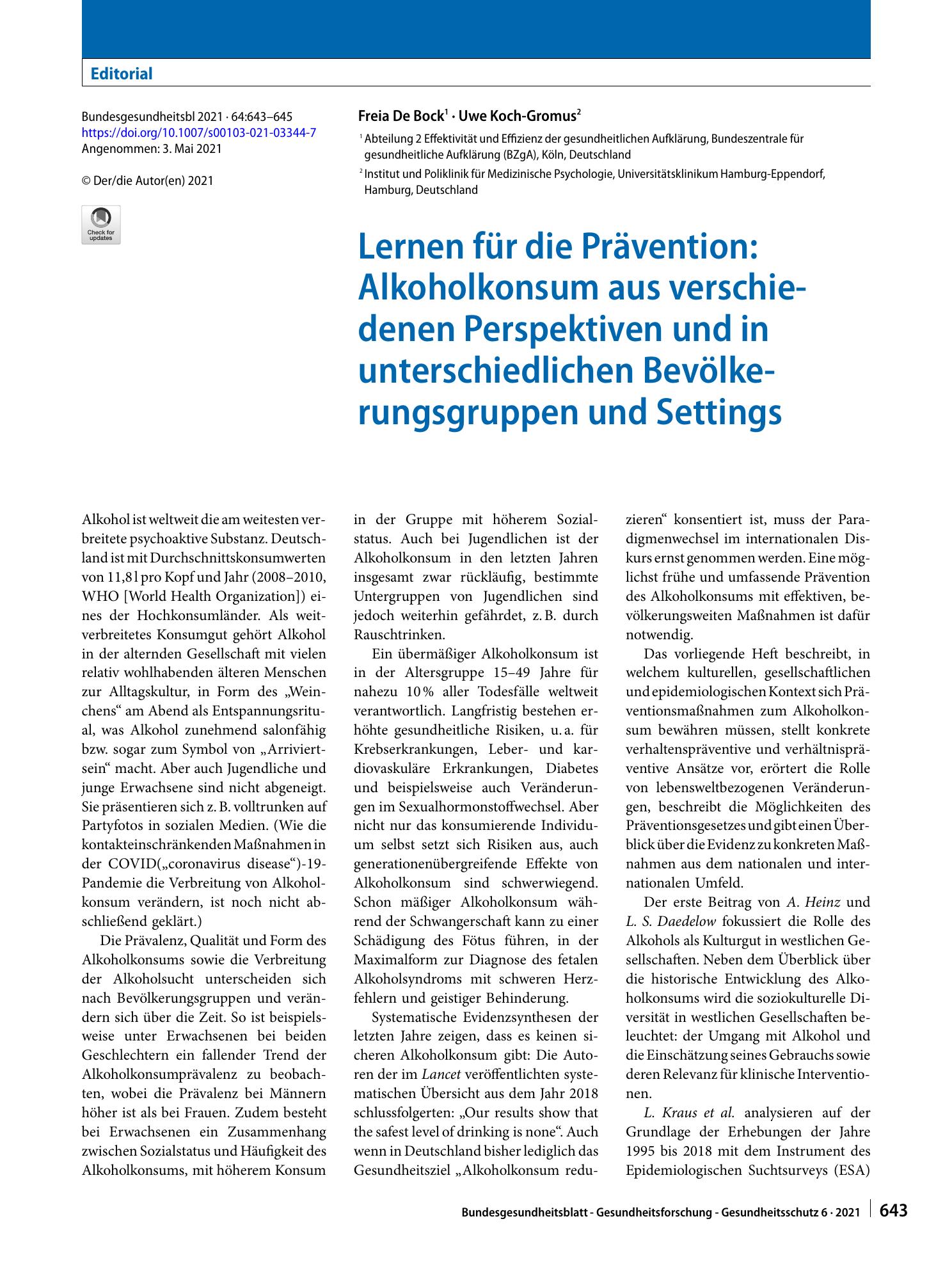 Vorschauseite 1: Lernen für die Prävention: Alkoholkonsum aus verschiedenen Perspektiven und in unterschiedlichen Bevölkerungsgruppen und Settings