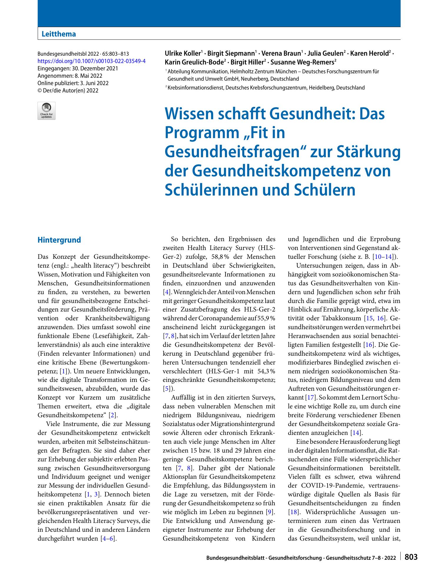 Vorschauseite 1: Wissen schafft Gesundheit: Das Programm „Fit in Gesundheitsfragen“ zur Stärkung der Gesundheitskompetenz von Schülerinnen und Schülern