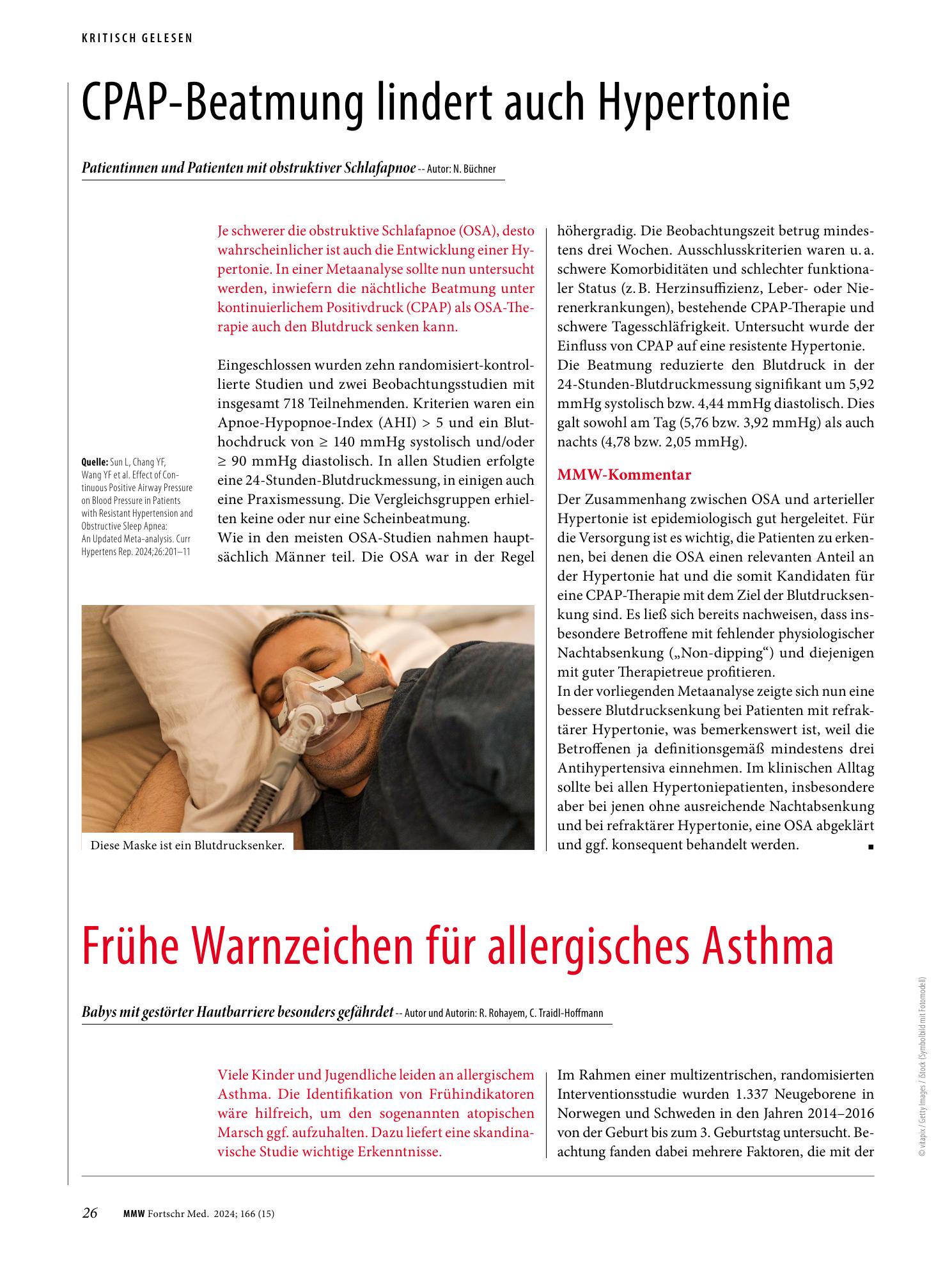 Vorschauseite 1: CPAP-Beatmung lindert auch Hypertonie