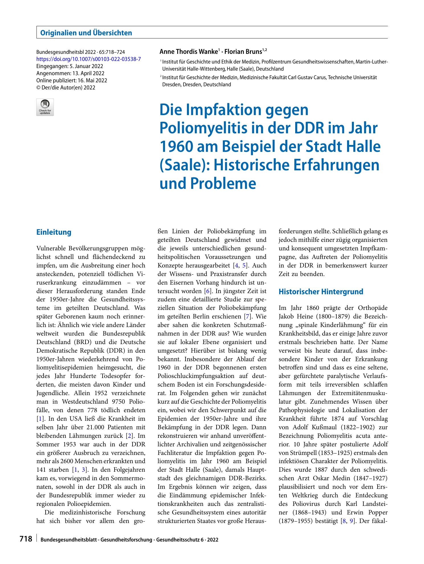 Vorschauseite 1: Die Impfaktion gegen Poliomyelitis in der DDR im Jahr 1960 am Beispiel der Stadt Halle (Saale): Historische Erfahrungen und Probleme
