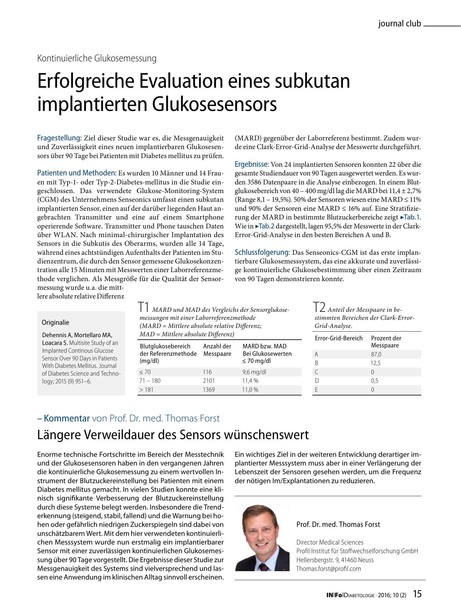 Vorschauseite 1: Erfolgreiche Evaluation eines subkutan implantierten Glukosesensors