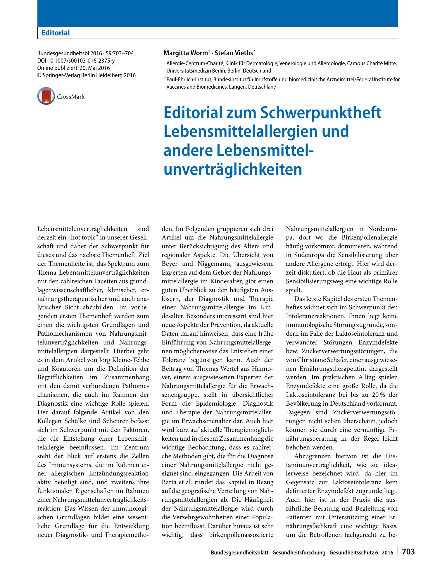 Vorschauseite 1: Editorial zum Schwerpunktheft Lebensmittelallergien und andere Lebensmittelunverträglichkeiten