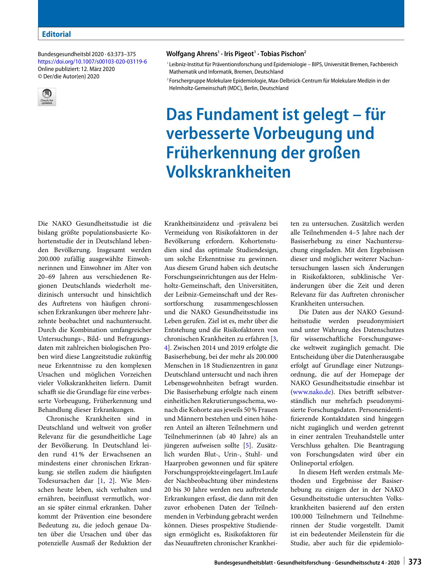 Vorschauseite 1: Das Fundament ist gelegt – für verbesserte Vorbeugung und Früherkennung der großen Volkskrankheiten