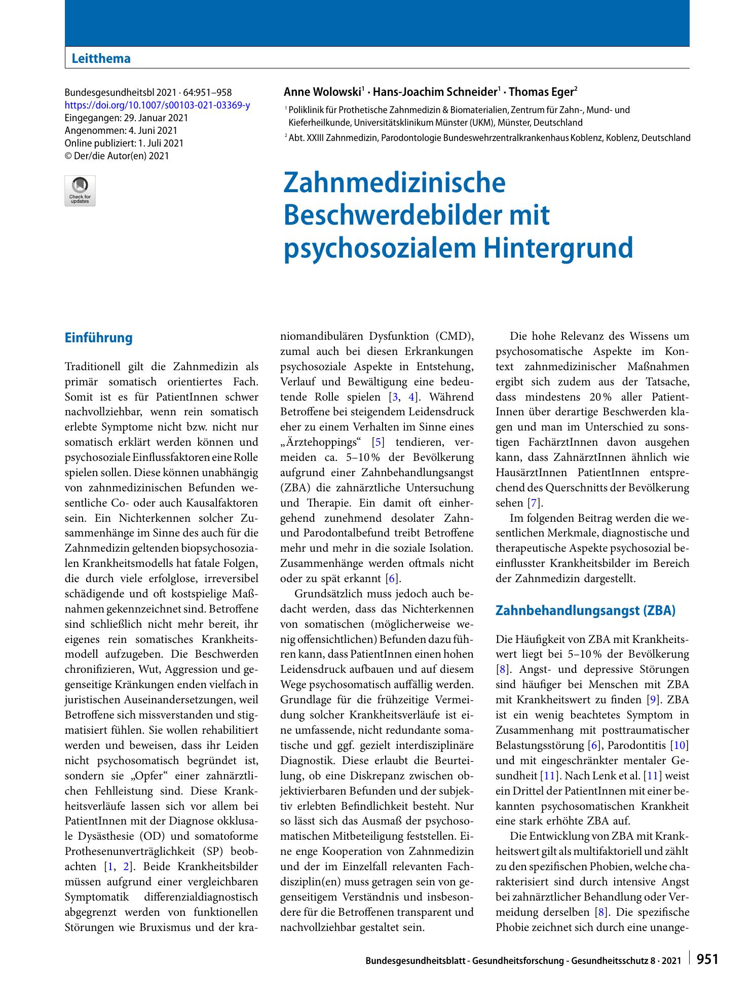 Vorschauseite 1: Zahnmedizinische Beschwerdebilder mit psychosozialem Hintergrund
