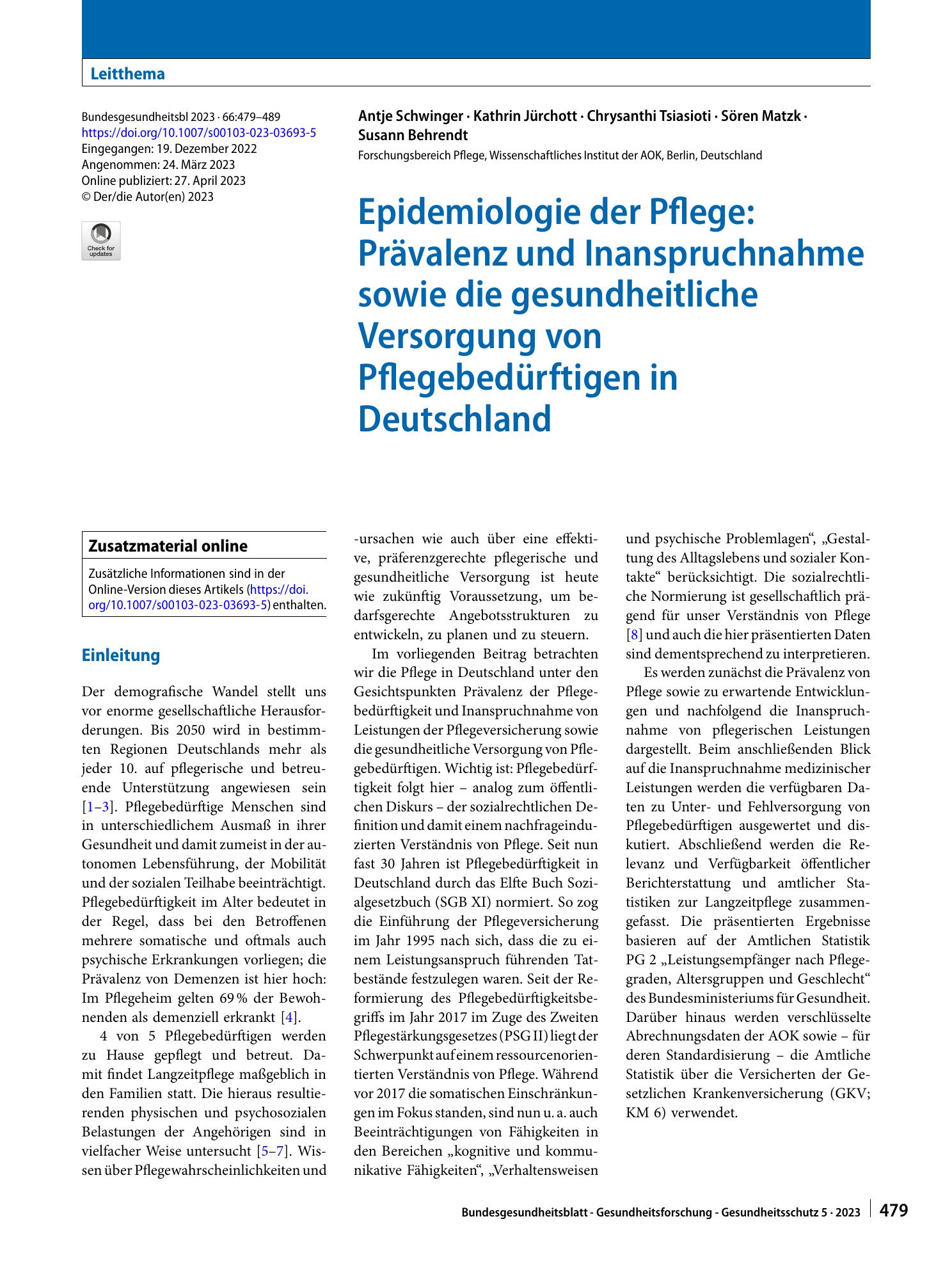 Vorschauseite 1: Epidemiologie der Pflege: Prävalenz und Inanspruchnahme sowie die gesundheitliche Versorgung von Pflegebedürftigen in Deutschland