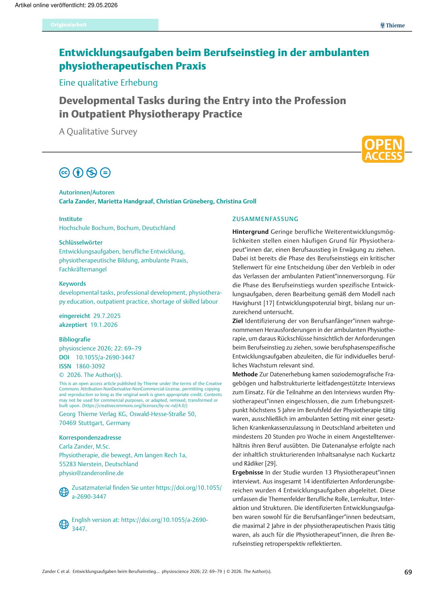 Vorschauseite 1: Developmental Tasks during the Entry into the Profession in Outpatient Physiotherapy Practice