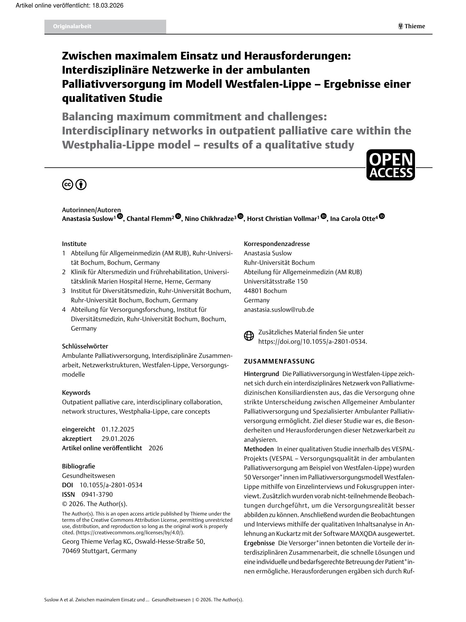 Vorschauseite 1: Zwischen maximalem Einsatz und Herausforderungen: Interdisziplinäre Netzwerke in der ambulanten Palliativversorgung im Modell Westfalen-Lippe – Ergebnisse einer qualitativen Studie