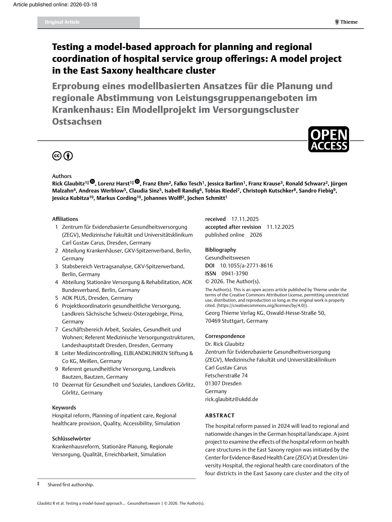 Vorschauseite 1: Testing a model-based approach for planning and regional coordination of hospital service group offerings: A model project in the East Saxony healthcare cluster