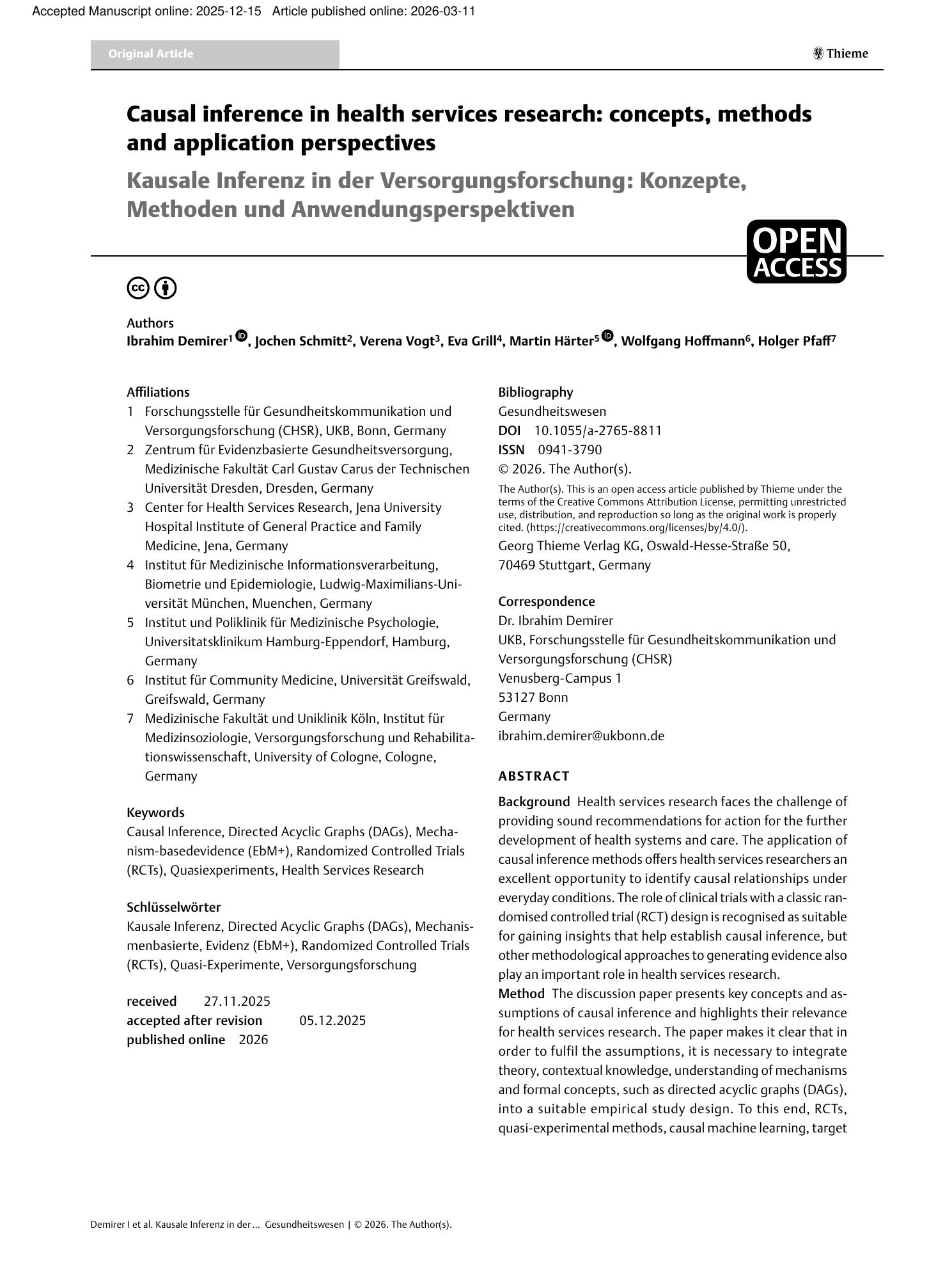 Vorschauseite 1: Kausale Inferenz in der Versorgungsforschung: Konzepte, Methoden und Anwendungsperspektiven