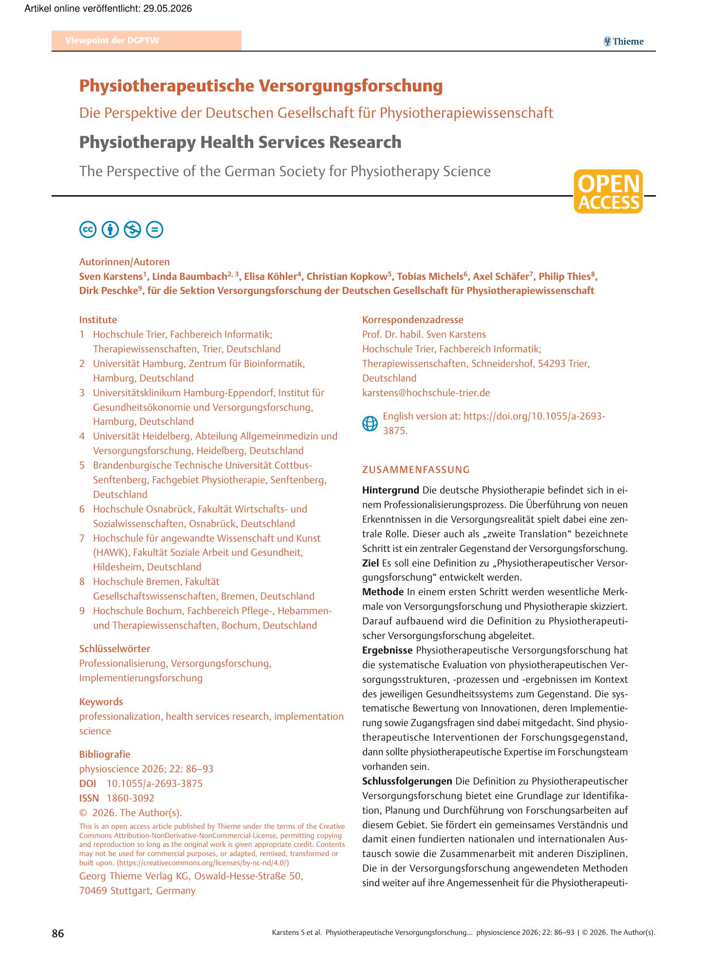 Vorschauseite 1: Physiotherapy Health Services Research
