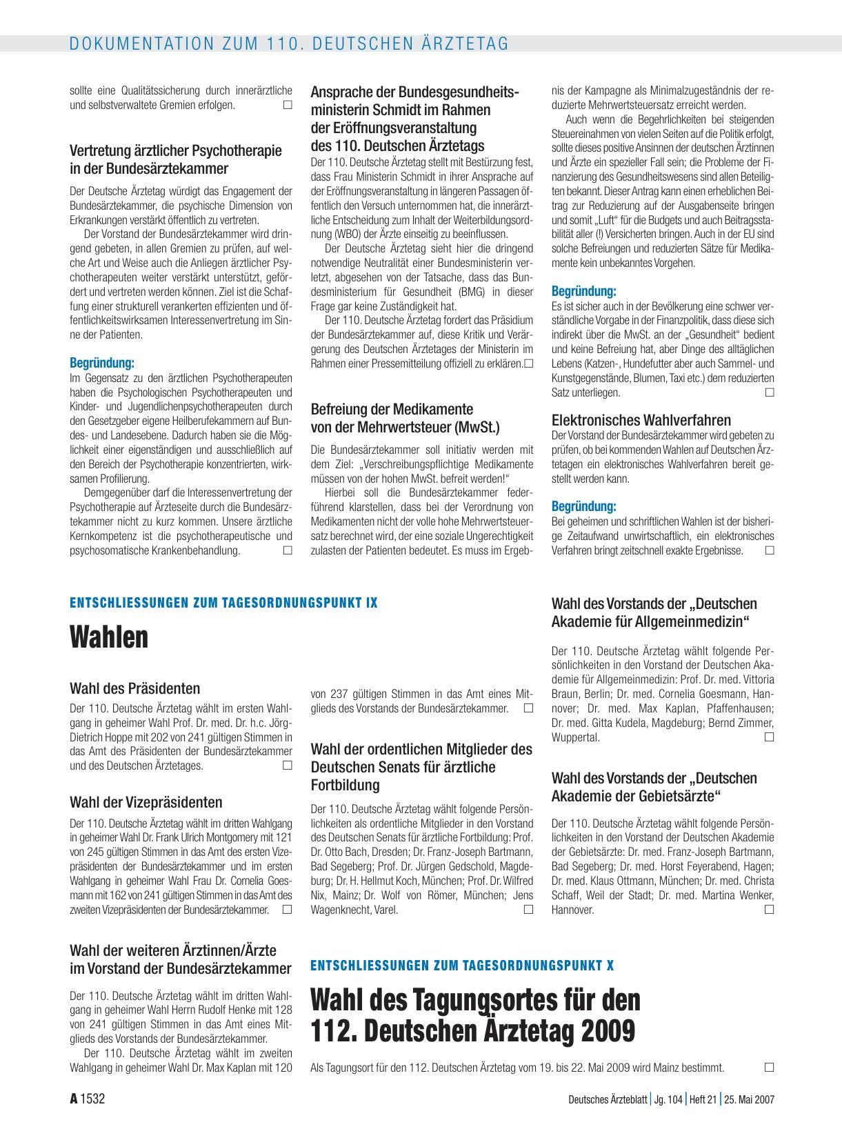 Vorschauseite 1: Entschliessungen zum Tagesordnungspunkt X: Wahl des Tagungsortes für den 112. Deutschen Ärztetag 2009