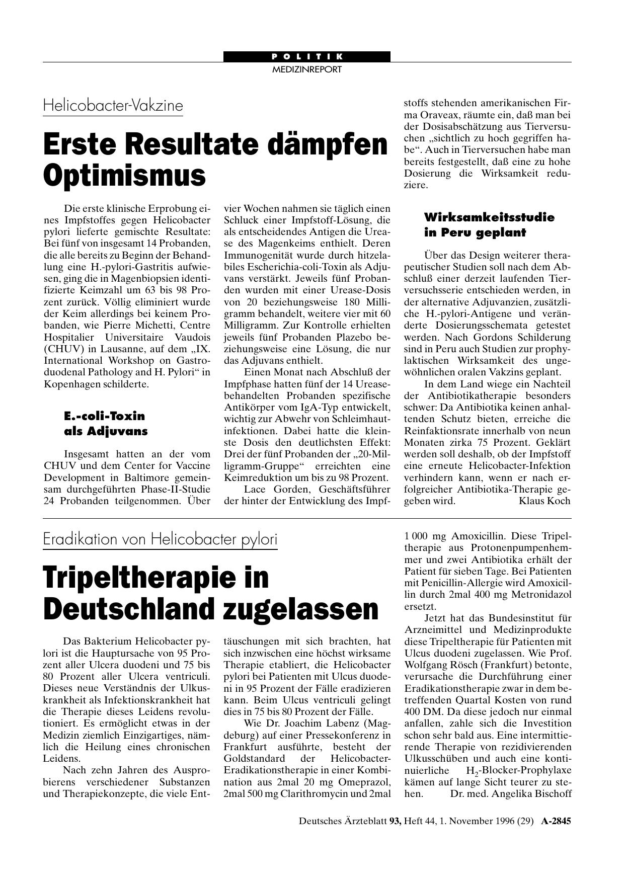 Vorschauseite 1: Helicobacter-Vakzine: Erste Resultate dämpfen Optimismus