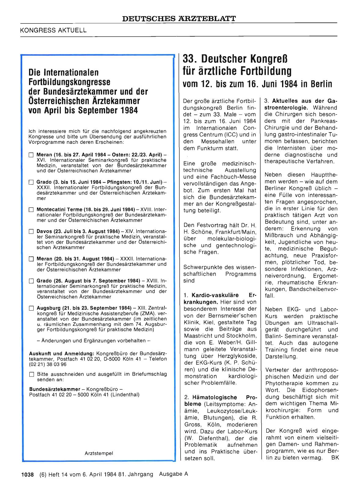 Vorschauseite 1: Die Internationalen Fortbildungskongresse der Bundesärztekammer und der Österreichischen Ärztekammer von April bis September 1984