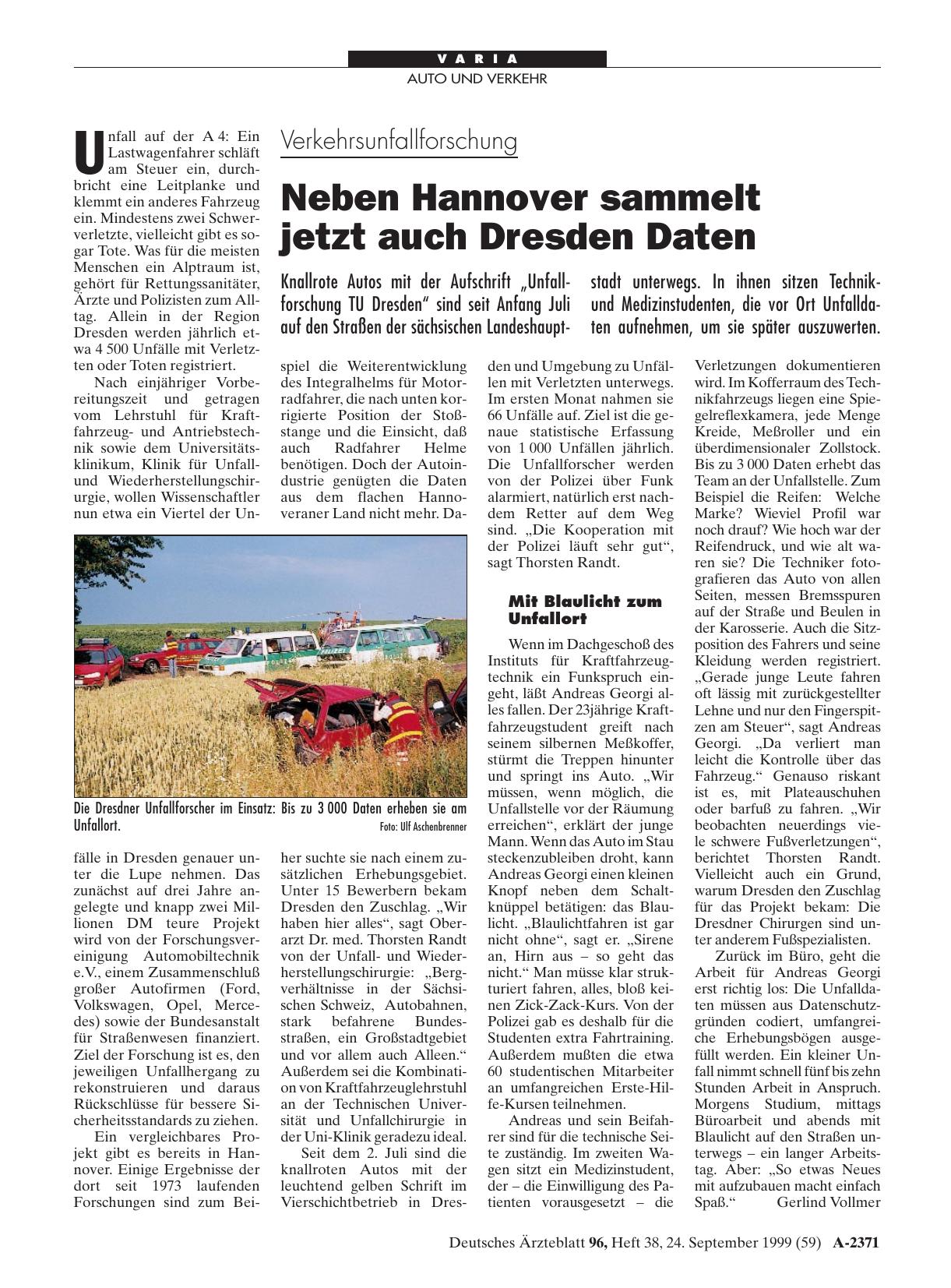 Vorschauseite 1: Verkehrsunfallforschung: Neben Hannover sammelt jetzt auch Dresden Daten