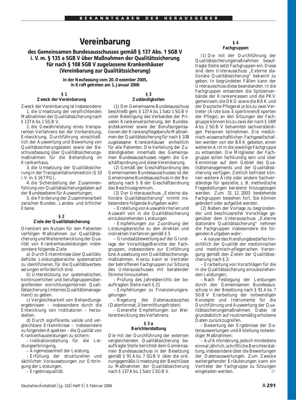 Vorschauseite 1: Vereinbarung es Gemeinsamen Bundesausschusses gemäß § 137 Abs. 1 SGB V i. V. m. § 135 a SGB V über Maßnahmen der Qualitätssicherung für nach § 108 SGB V zugelassene Krankenhäuser…