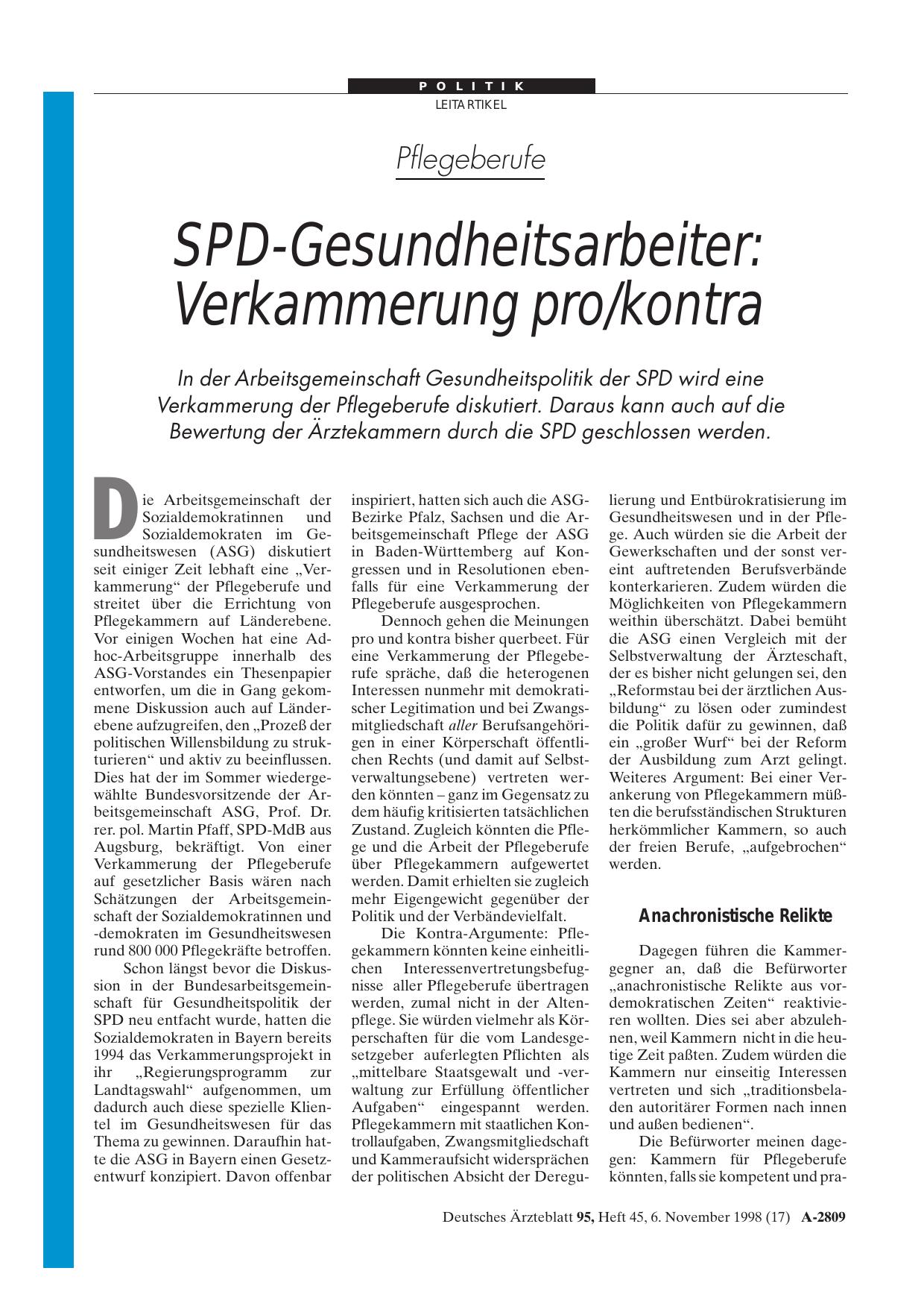 Vorschauseite 1: Pflegeberufe – SPD-Gesundheitsarbeiter: Verkammerung pro/kontra