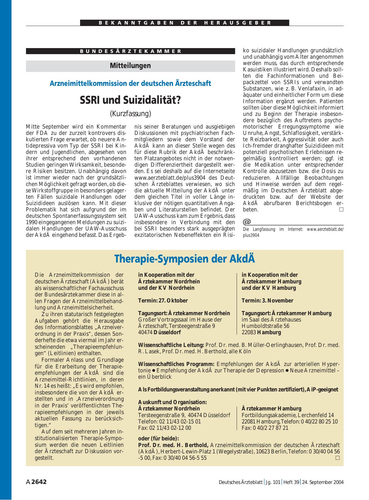 Vorschauseite 1: Mitteilungen: SSRI und Suizidalität?