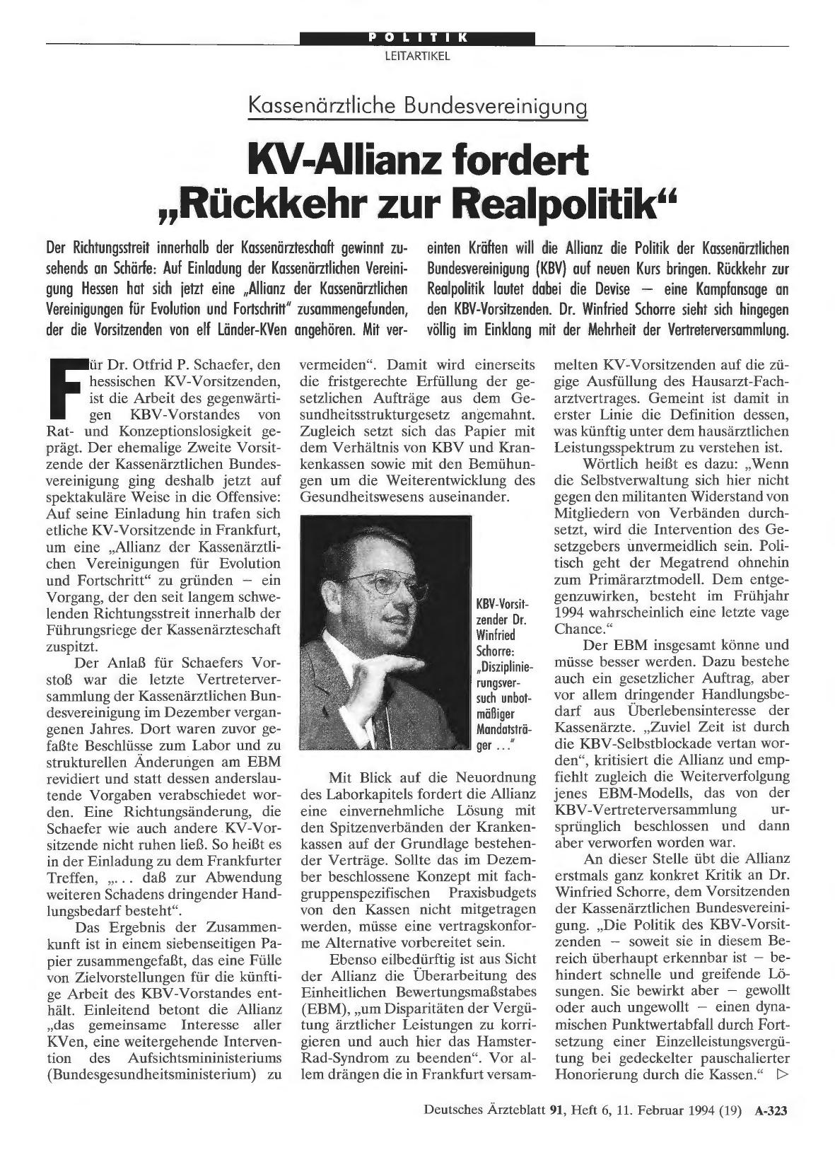 Vorschauseite 1: Kassenärztliche Bundesvereinigung: KV-Allianz fordert „Rückkehr zur Realpolitik“