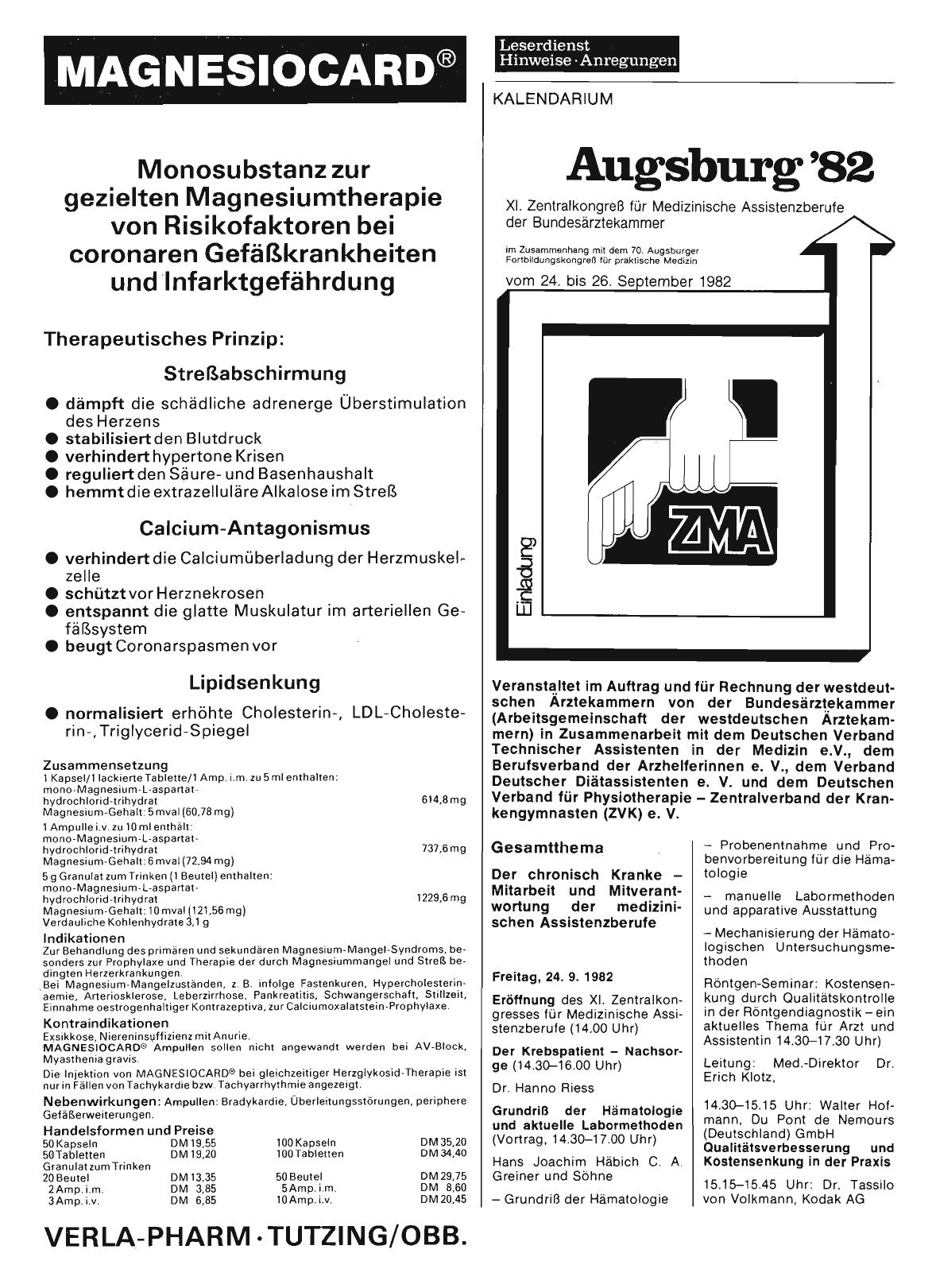 Vorschauseite 1: Augsburg '82: Xl. Zentralkongreß für Medizinische Assistenzberufe der Bundesärztekammer