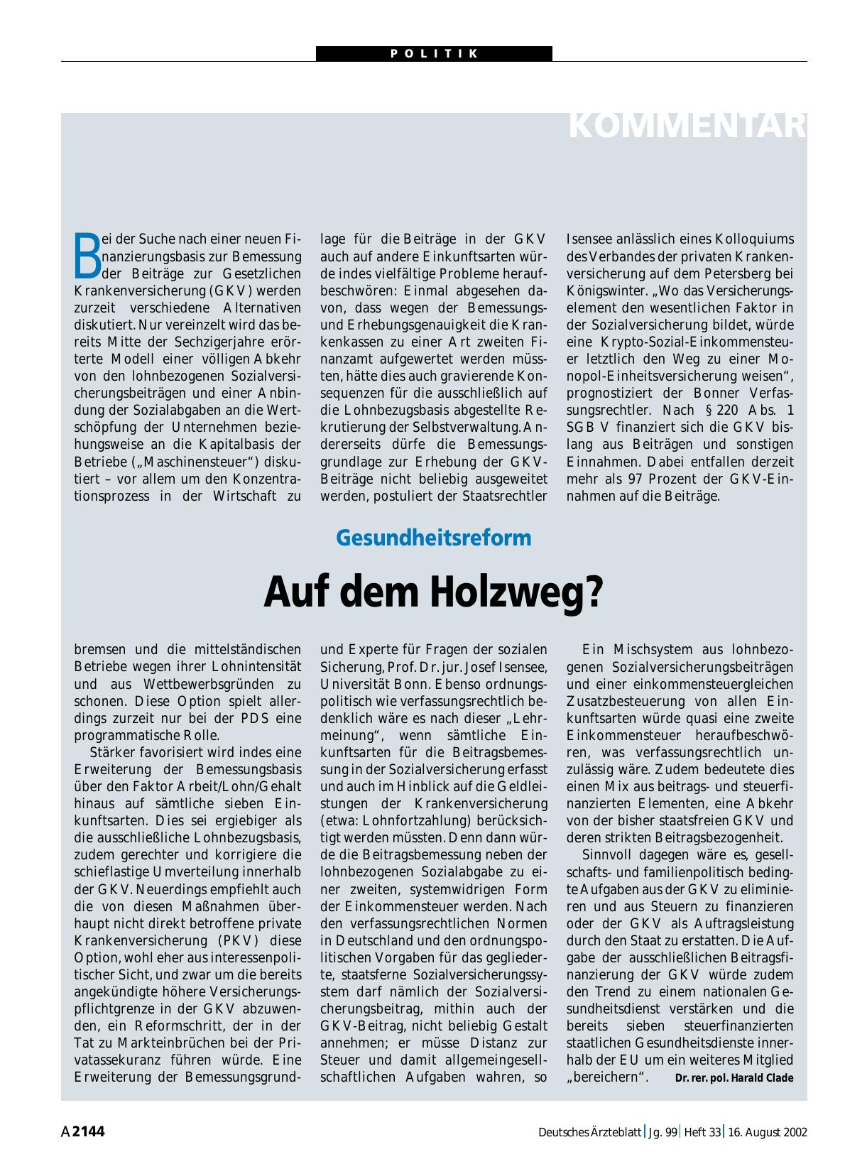 Vorschauseite 1: Gesundheitsreform: Auf dem Holzweg?