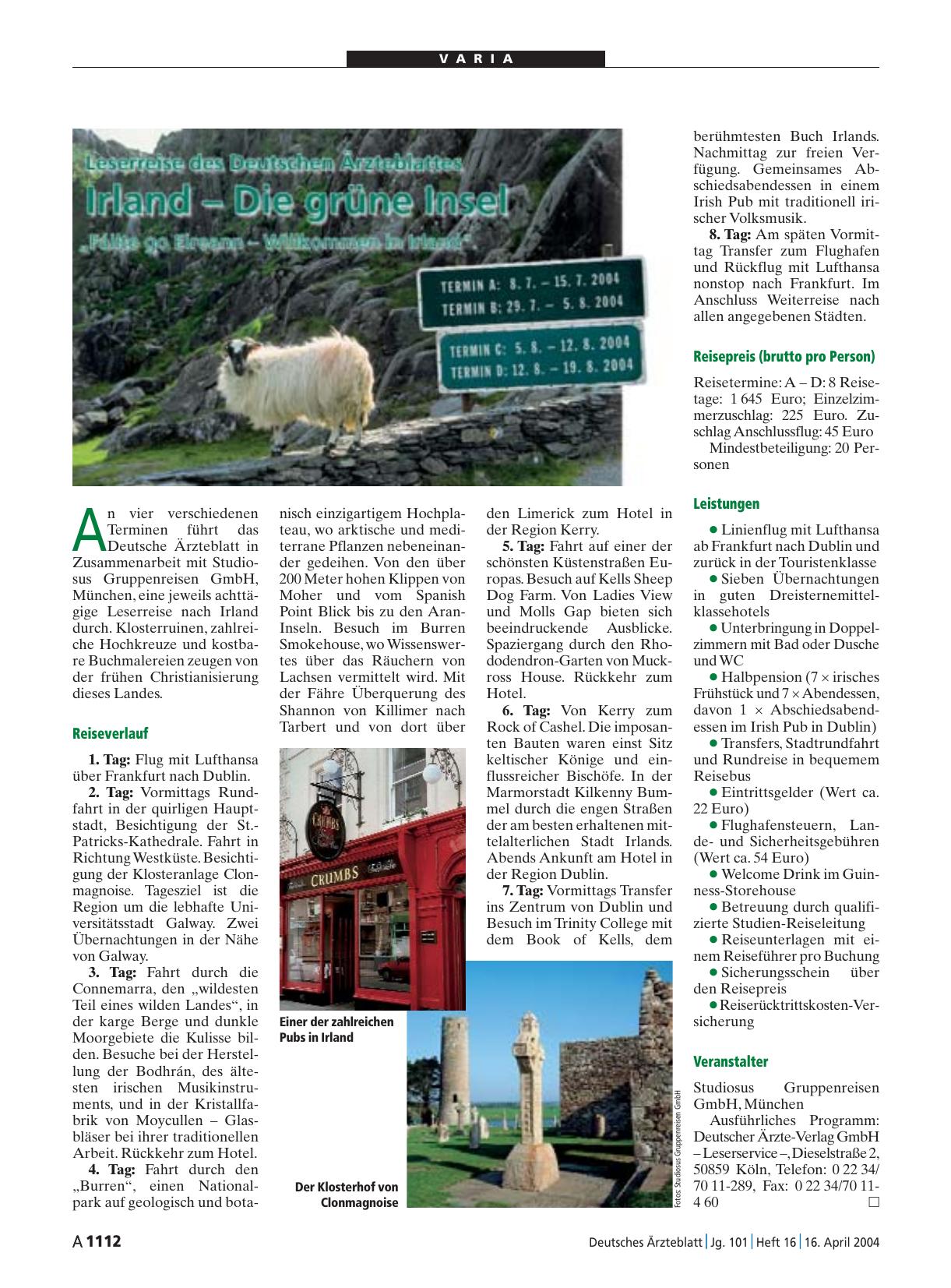 Vorschauseite 1: Leserreise des Deutschen Ärzteblattes: Irland - Die grüne Insel