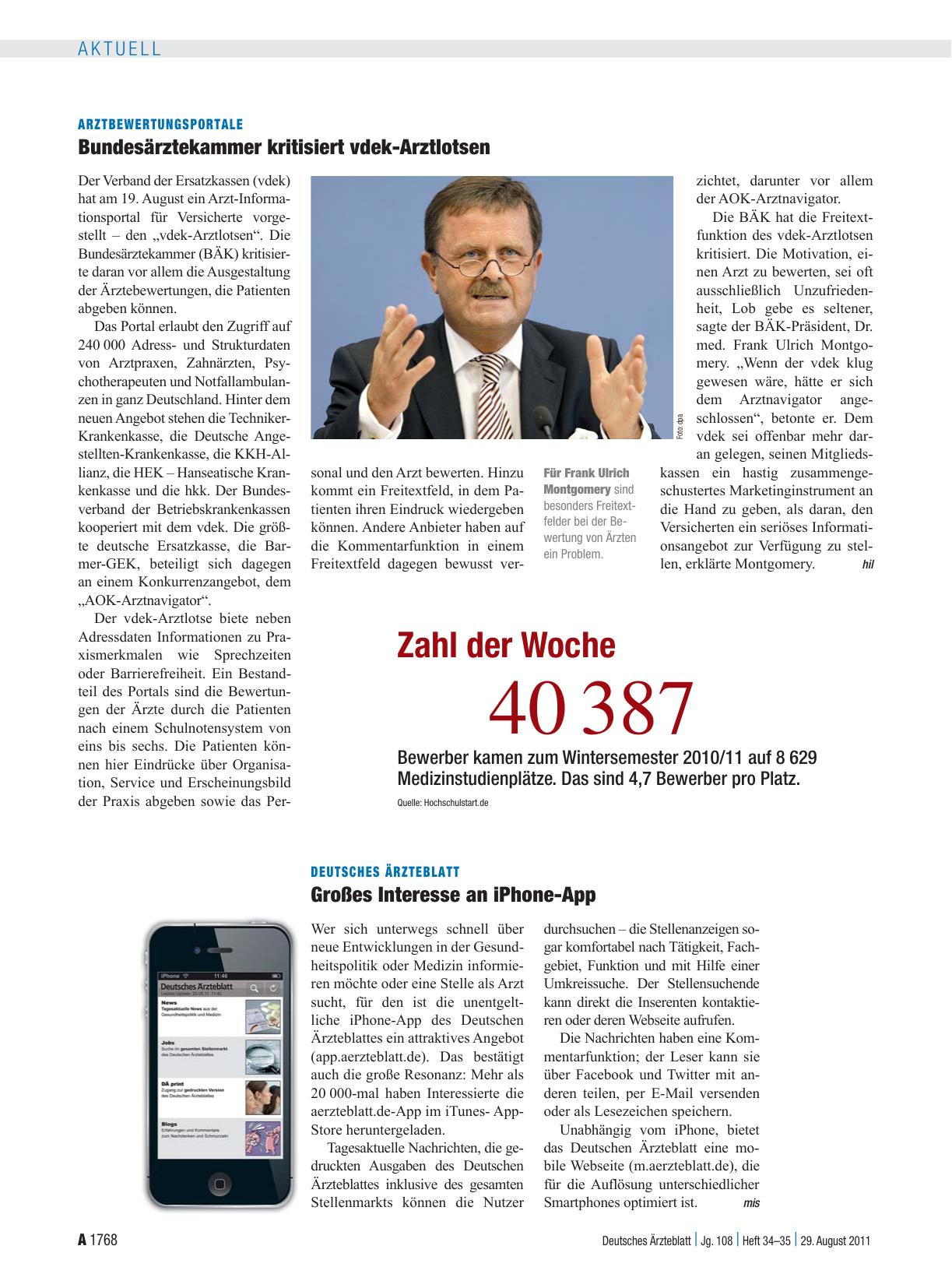 Vorschauseite 1: Arztbewertungsportale: Bundesärztekammer kritisiert vdek-Arztlotsen