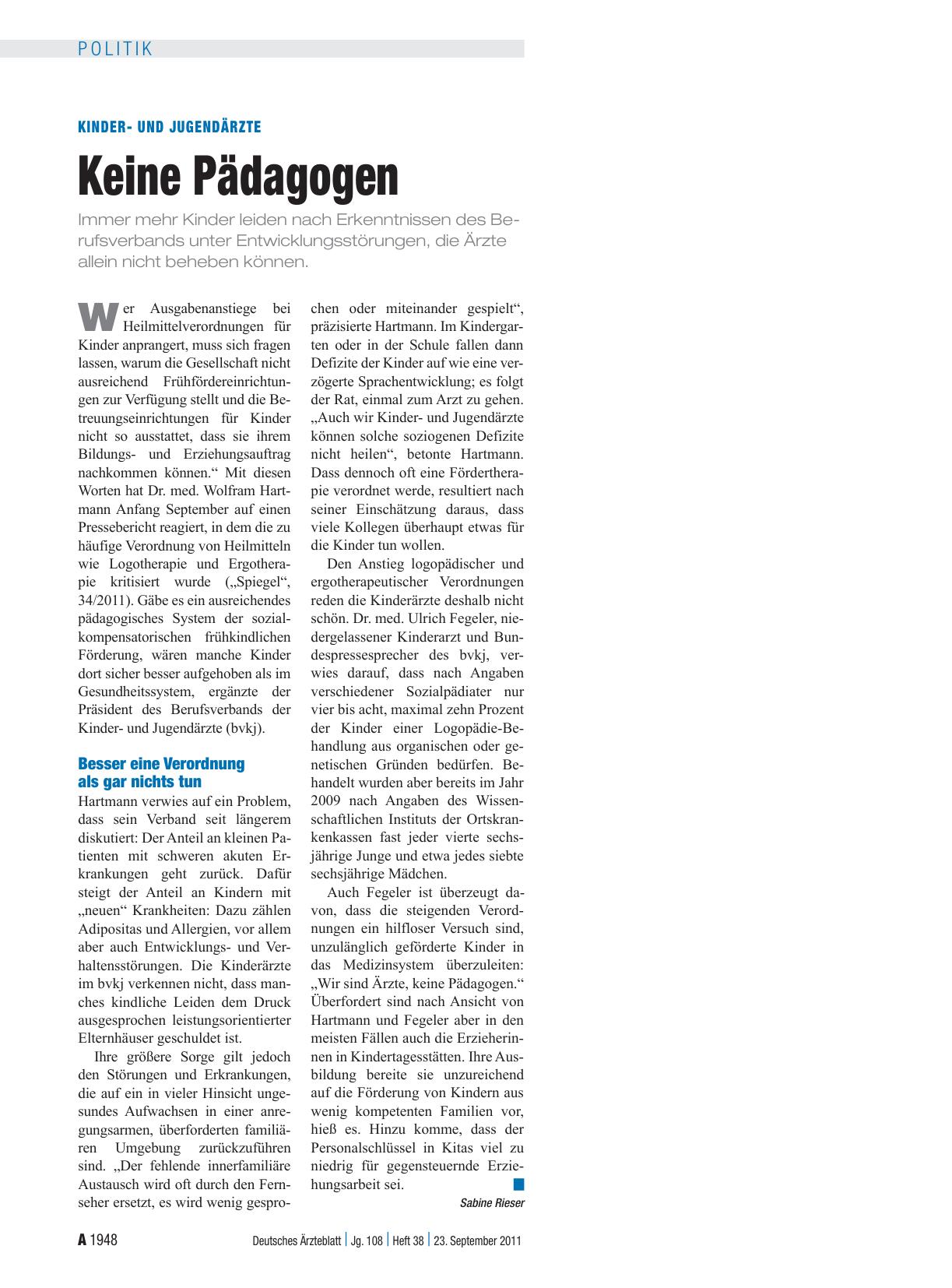 Vorschauseite 1: Kinderund Jugendärzte: Keine Pädagogen
