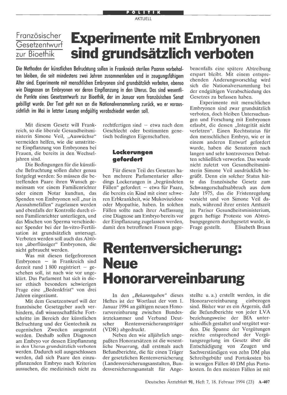 Vorschauseite 1: Französischer Gesetzentwurf zur Bioethik: Experimente mit Embryonen sind grundsätzlich verboten