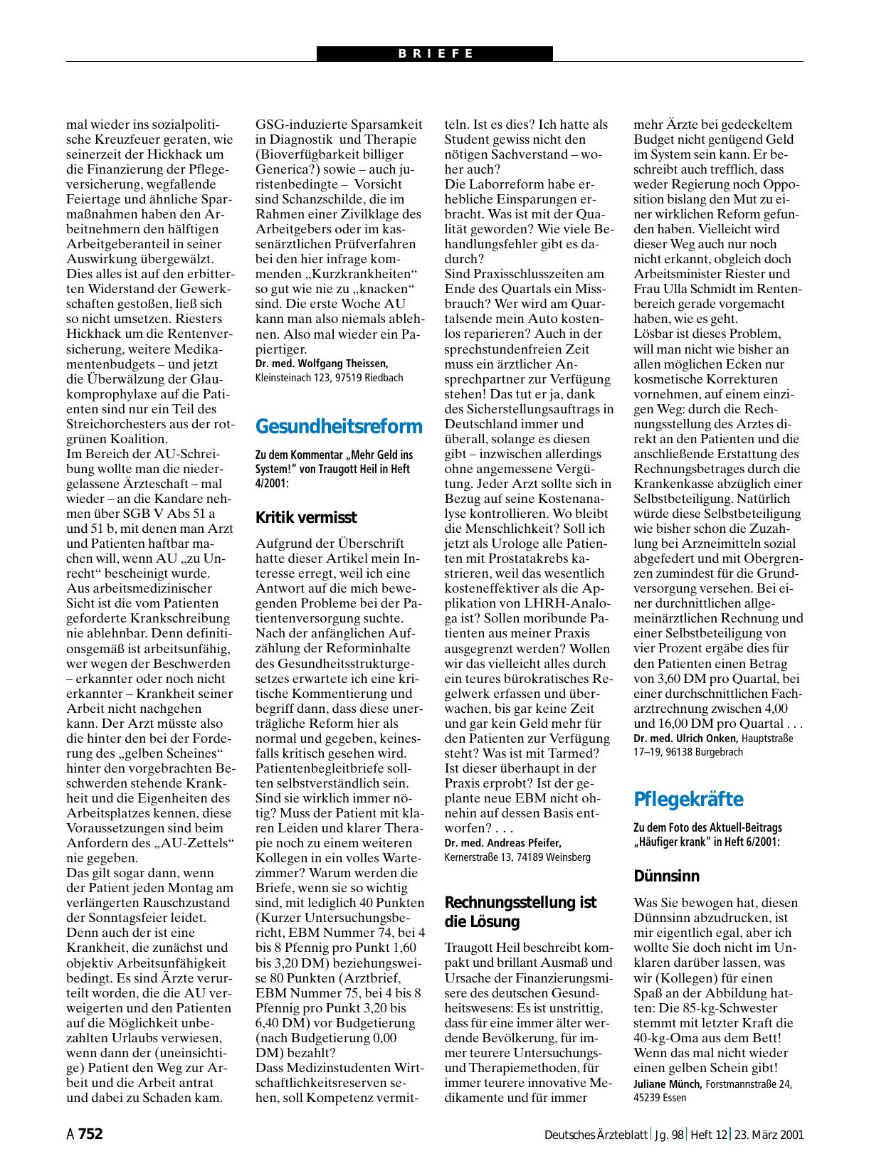 Vorschauseite 1: Gesundheitsreform: Kritik vermisst