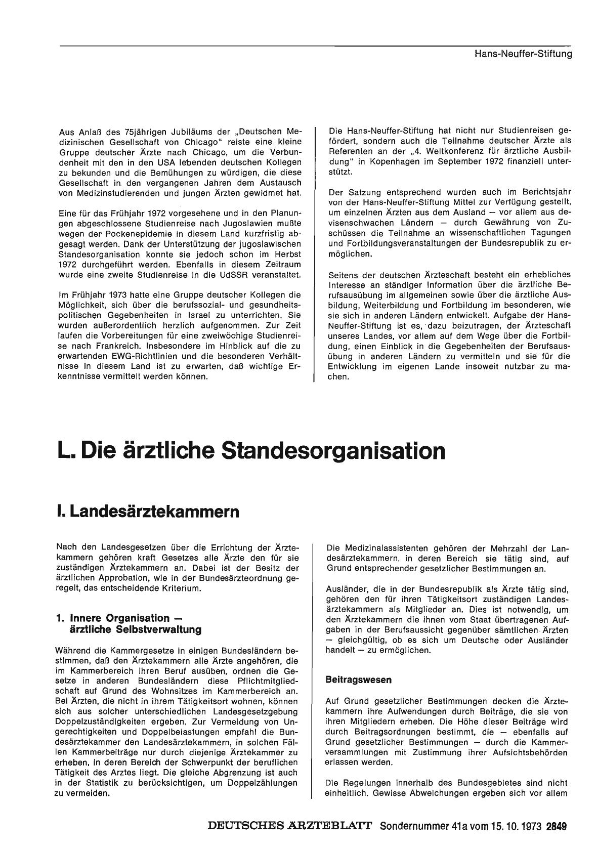 Vorschauseite 1: Bericht über das Jahr 1972/73: L. Die ärztliche Standesorganisation: I. Landesärztekammern