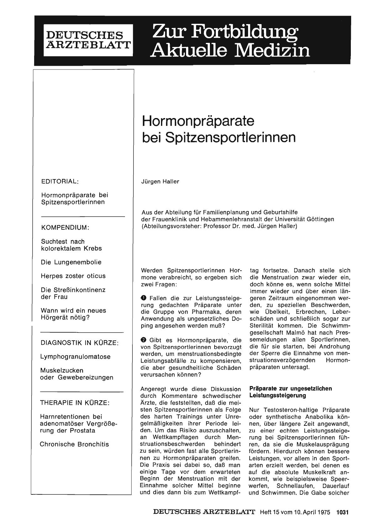 Vorschauseite 1: Hormonpräparate bei Spitzensportlerinnen