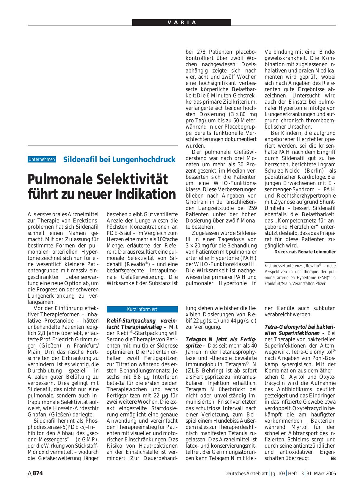 Vorschauseite 1: Sildenafil bei Lungenhochdruck: Pulmonale Selektivität führt zu neuer Indikation