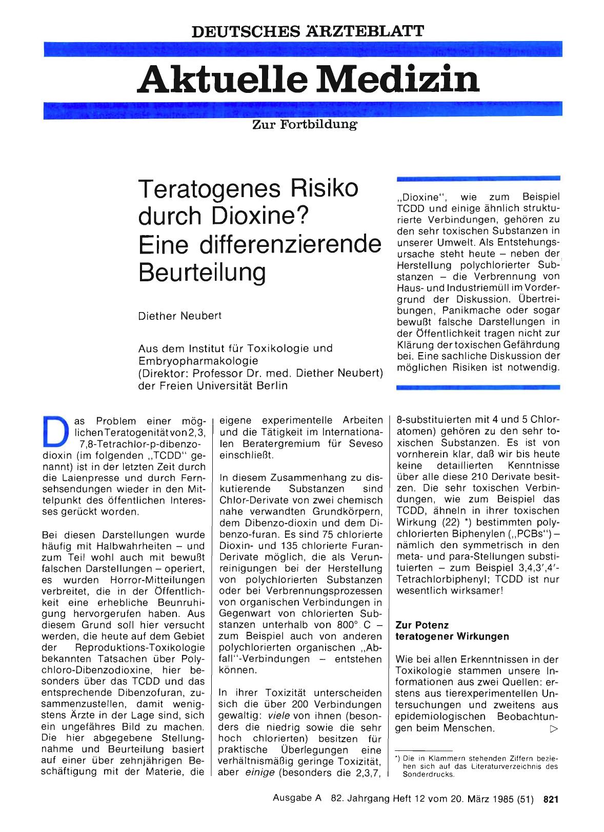 Vorschauseite 1: Teratogenes Risiko durch Dioxine? Eine differenzierende Beurteilung