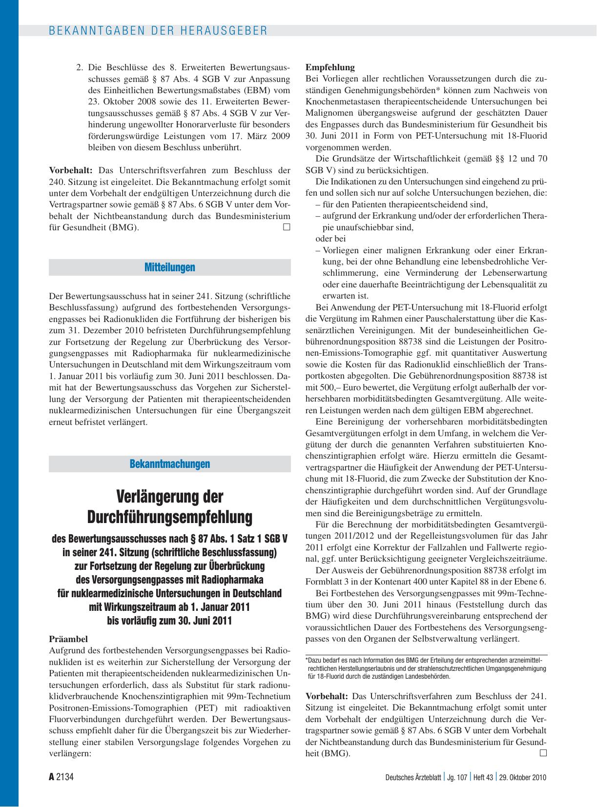 Vorschauseite 1: Verlängerung der Durchführungsempfehlung des Bewertungsausschusses nach § 87 Abs. 1 Satz 1 SGB V in seiner 241. Sitzung (schriftliche Beschlussfassung) zur Fortsetzung der Regelun…