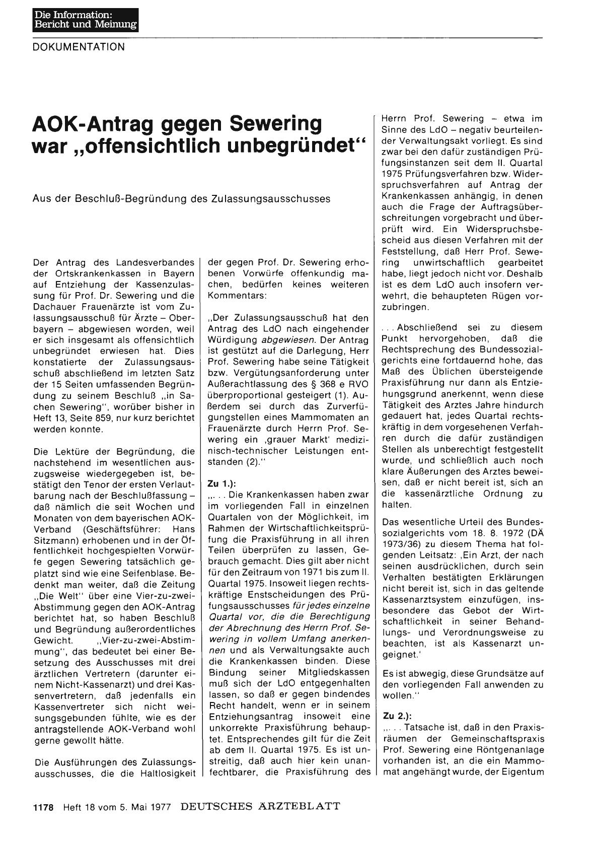 Vorschauseite 1: AOK-Antrag gegen Sewering war „offensichtlich unbegründet“: Aus der Beschluß-Begründung des Zulassungsausschusses
