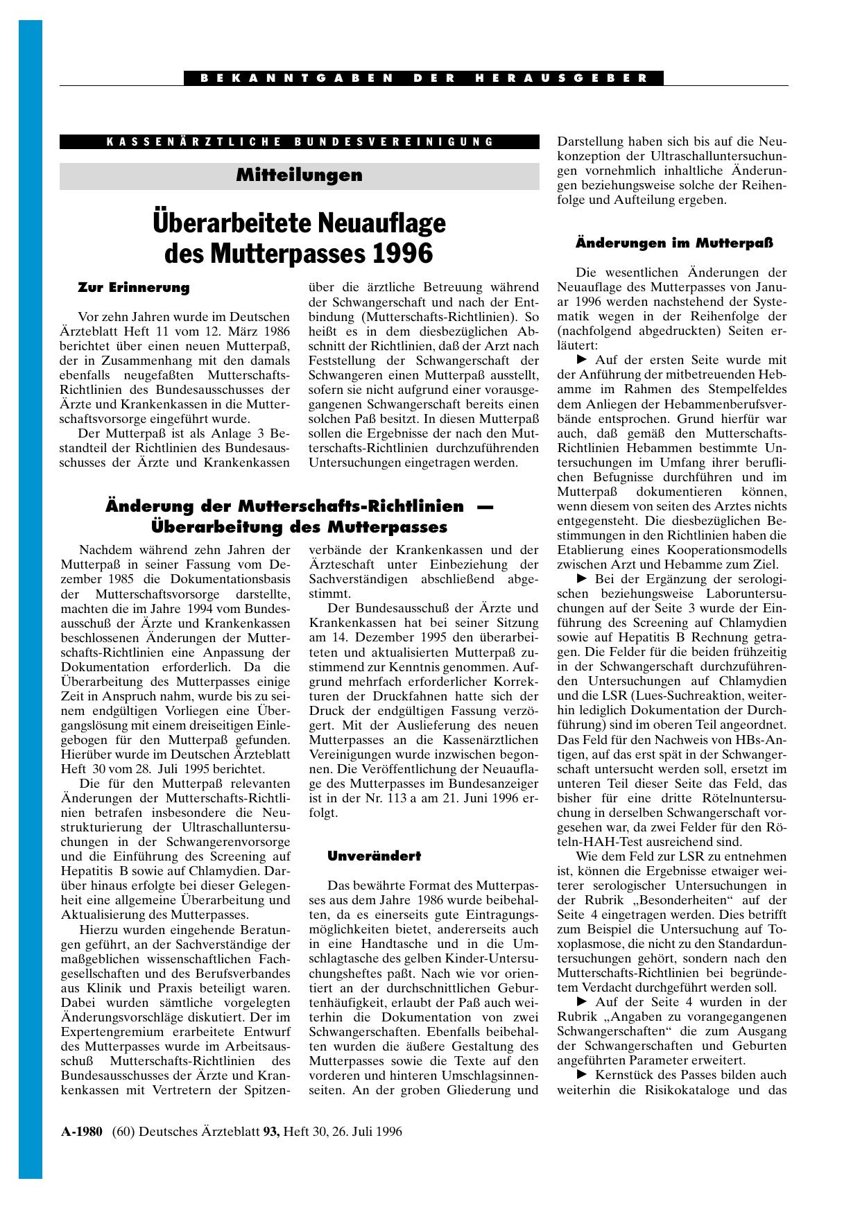 Vorschauseite 1: Mitteilungen: Überarbeitete Neuauflage des Mutterpasses 1996
