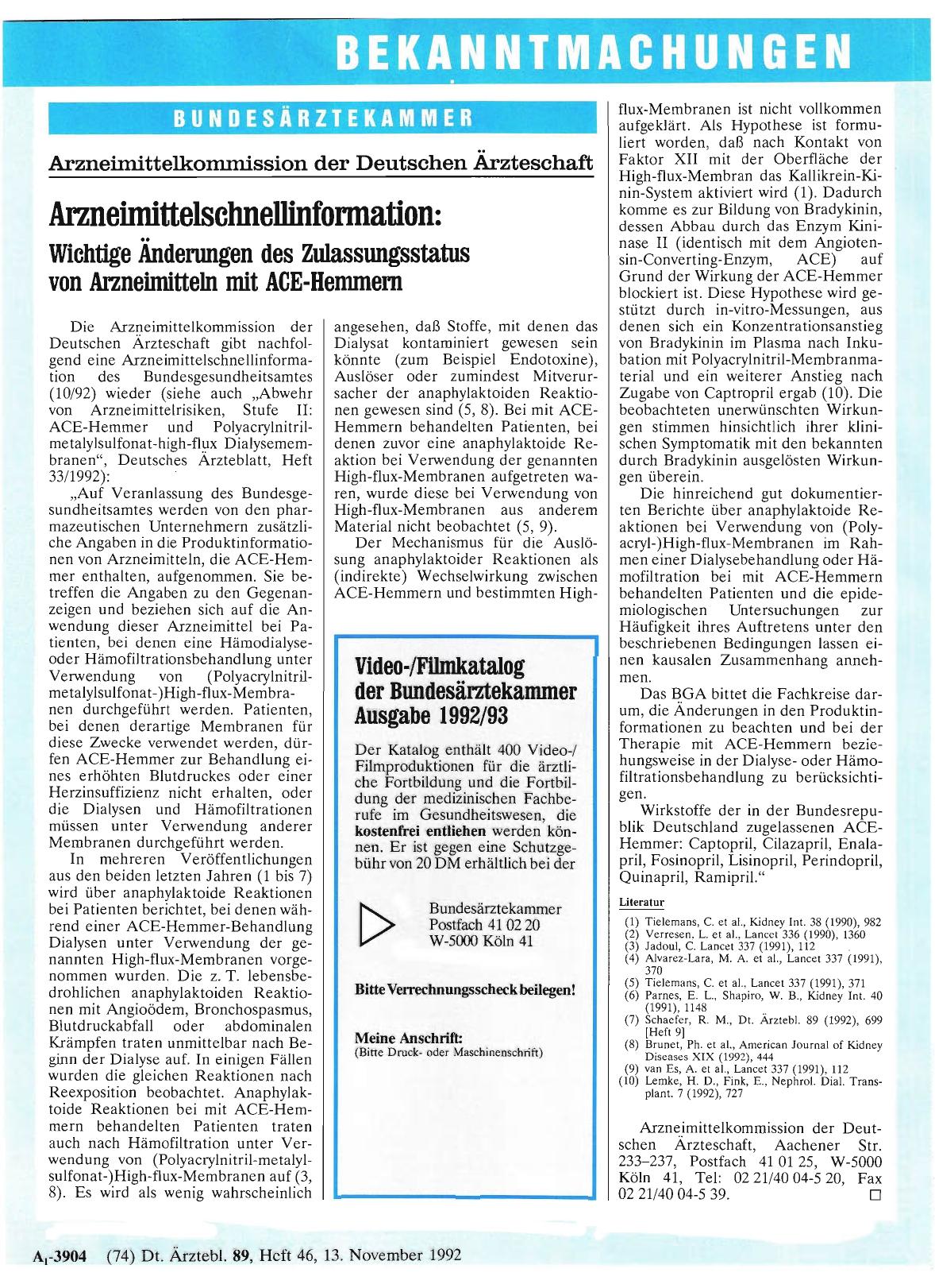 Vorschauseite 1: Arzneimittelkommission der Deutschen Ärzteschaft: Arzneimittelschnellinformation: Wichtige Änderungen des Zulassungsstatus von Arzneimitteln mit ACE-Hemmem